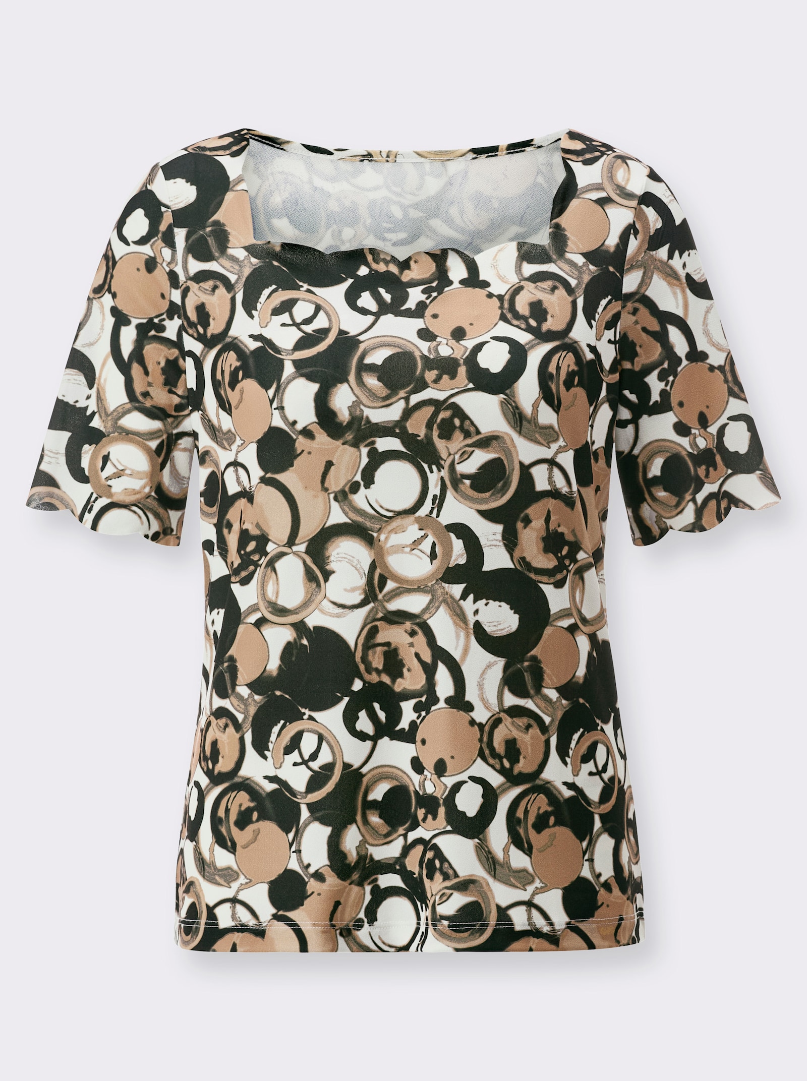 Kurzarmshirt mit Lasercut-Abschlüssen - ecru-schwarz-bedruckt