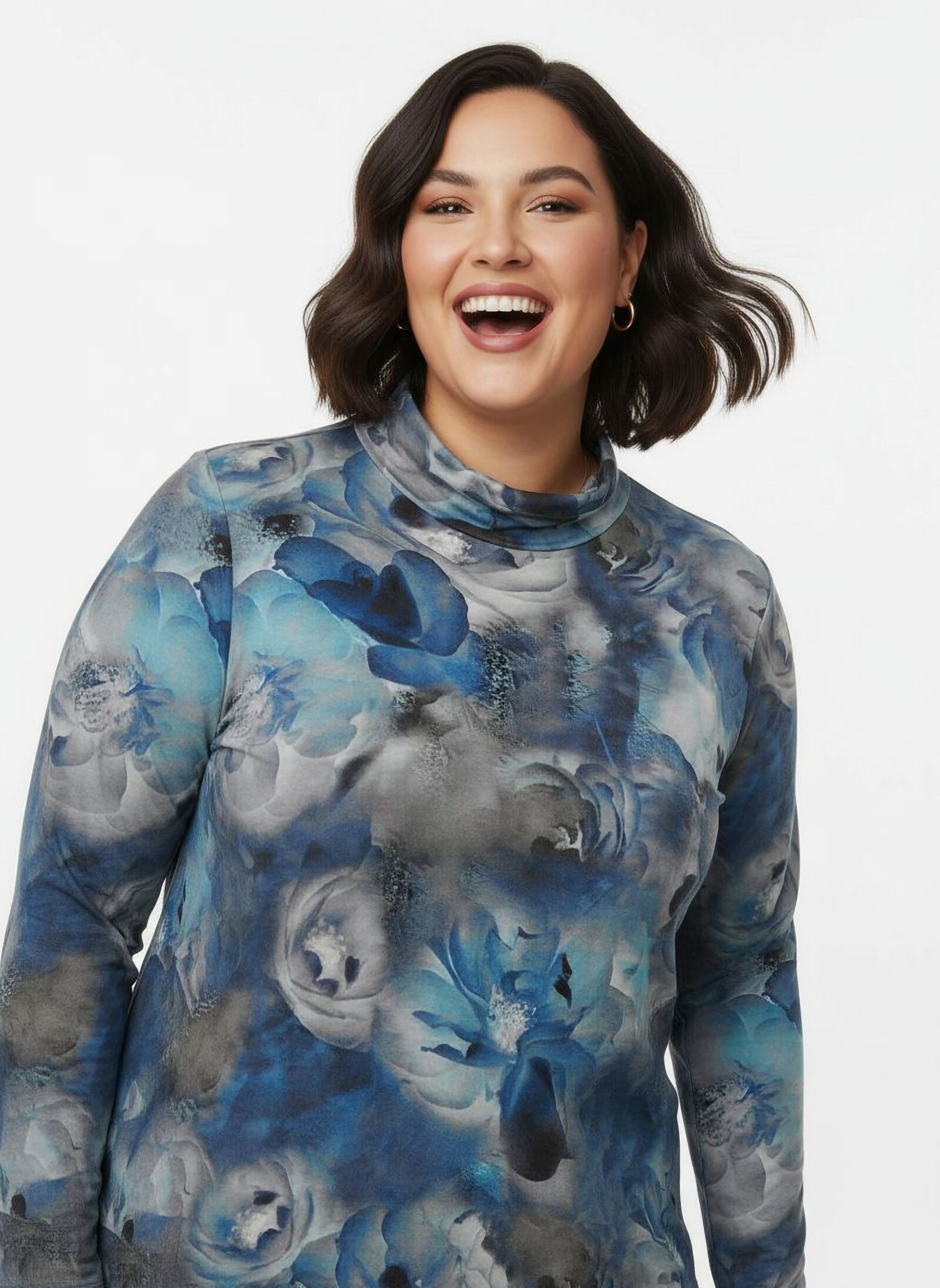 Rollkragenshirt im floralen Dessin - marine-bedruckt