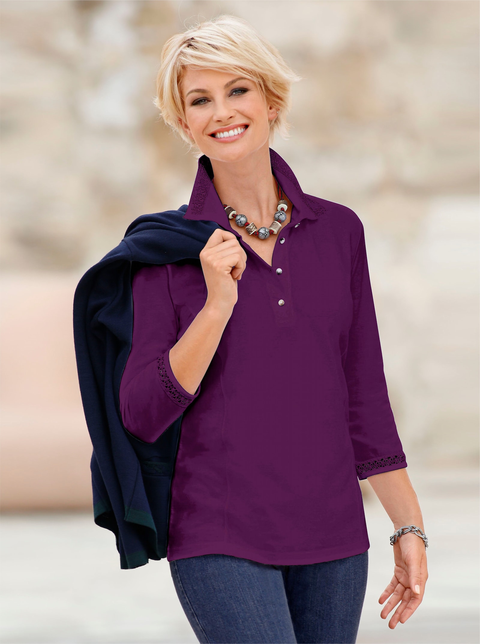 Poloshirt mit Häkelspitzen-Detiails - violett