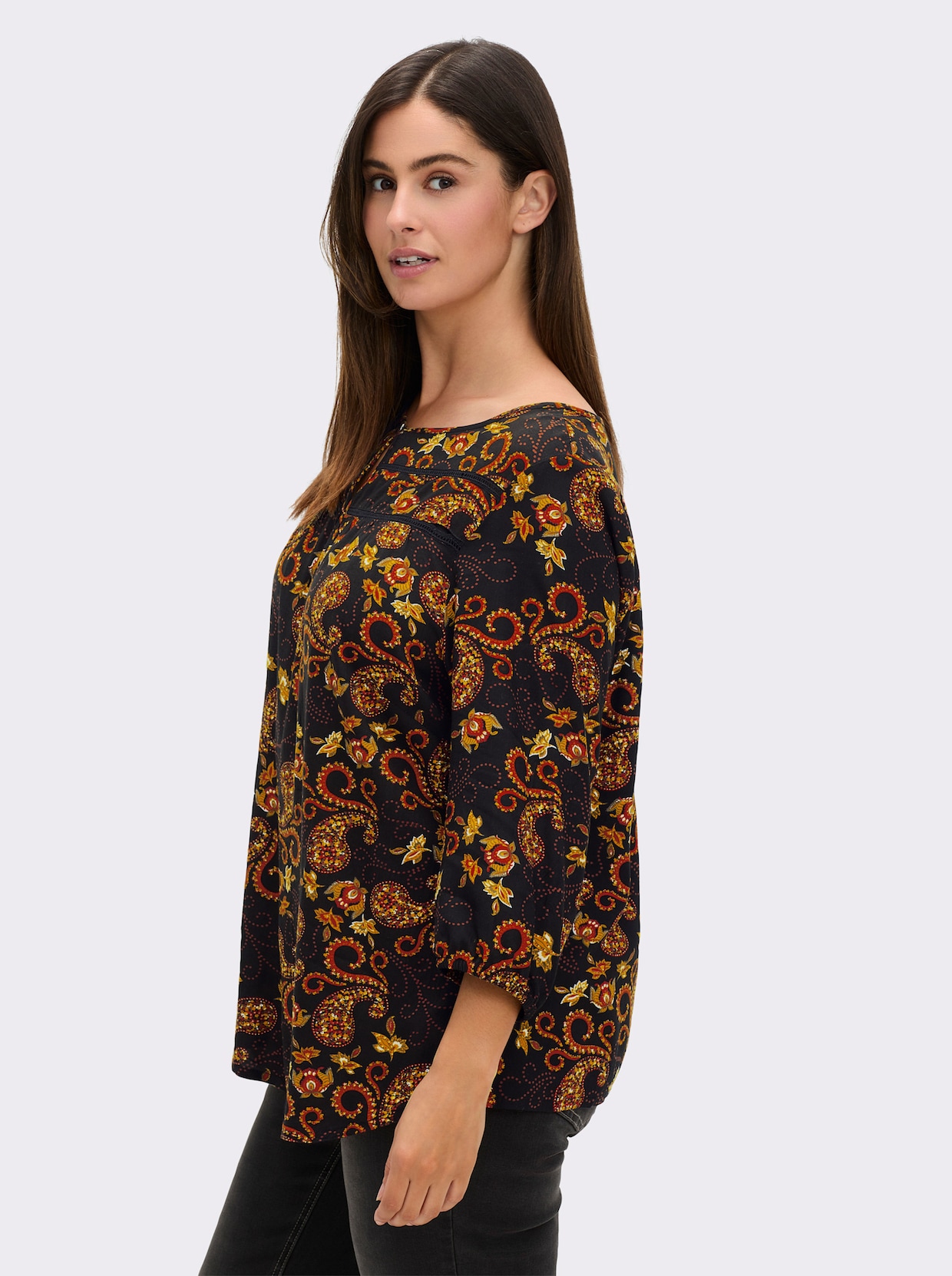Schlupfbluse mit Paisleymuster, aus Viskose - schwarz-ocker-bedruckt