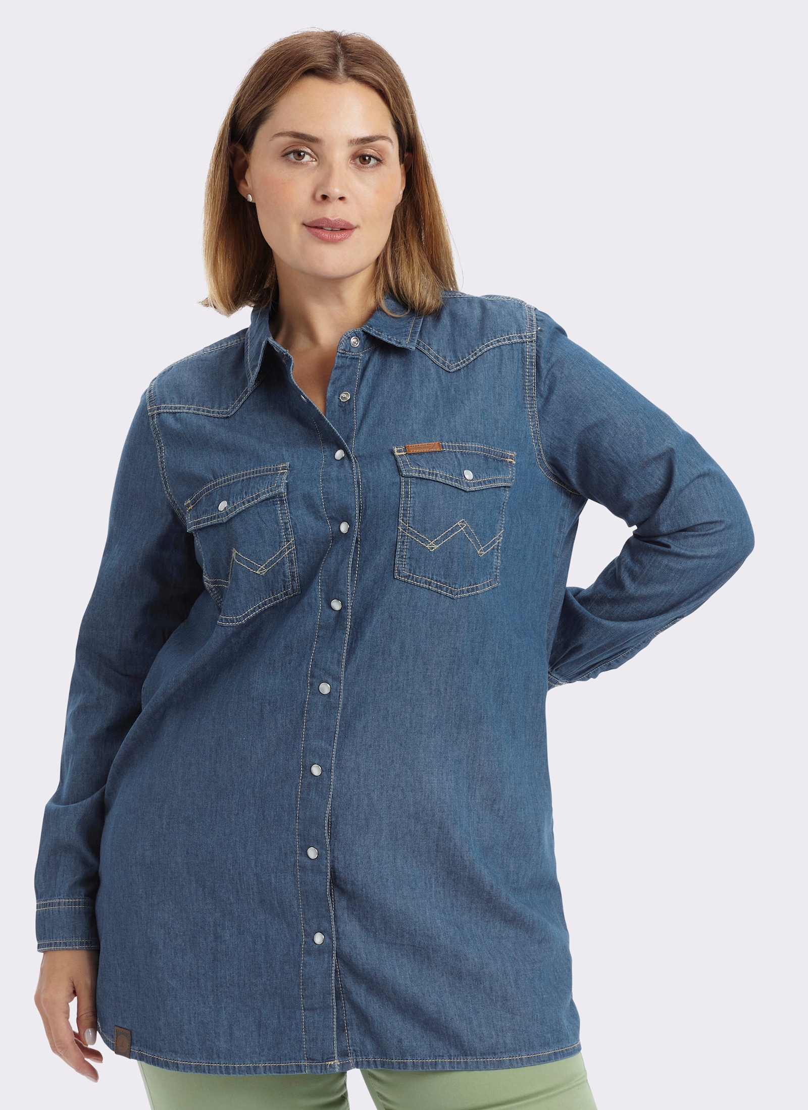Jeansbluse mit Druckknopfleiste - blue-bleached