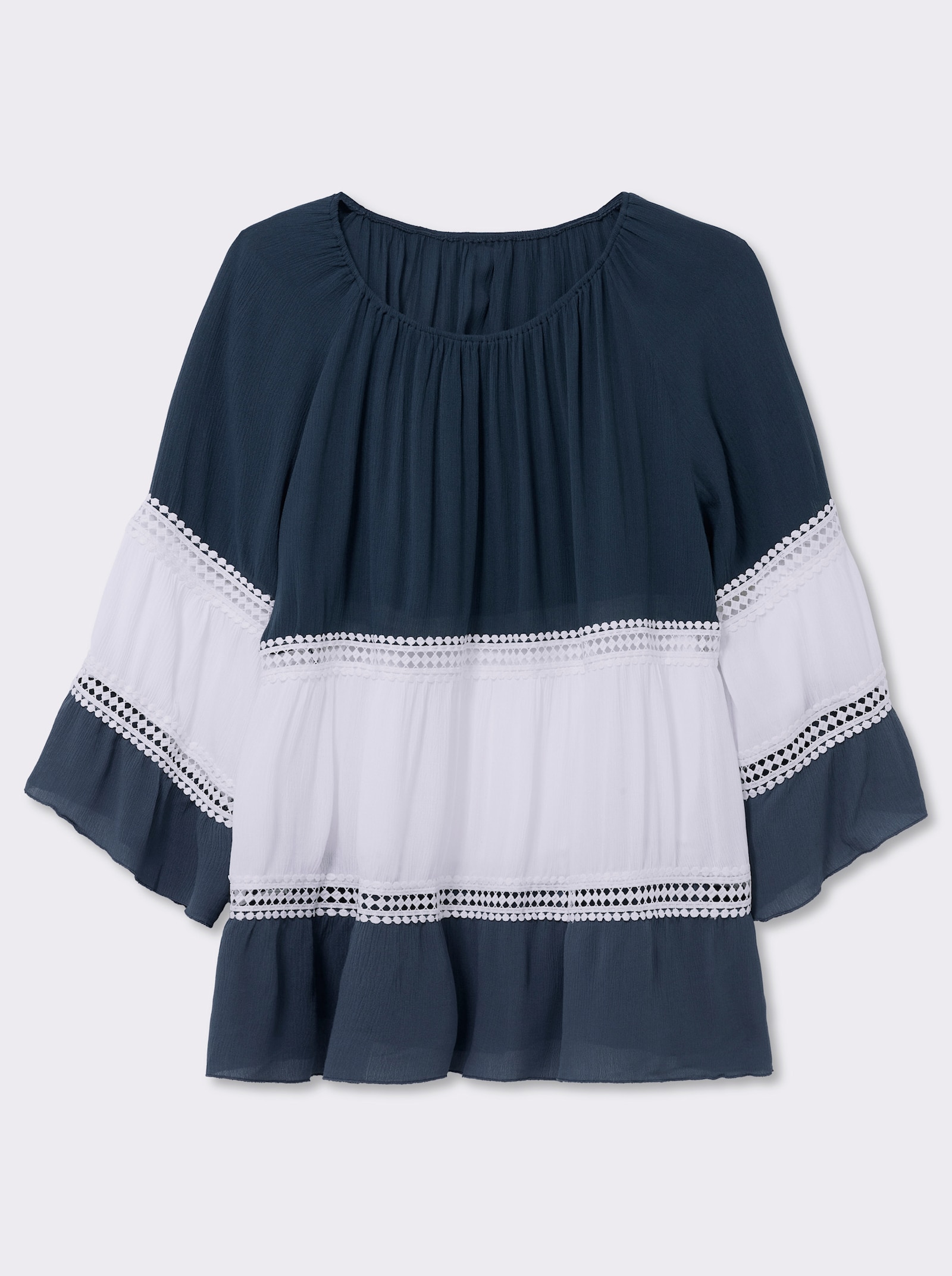 Crinklebluse mit Spitzen-Akzenten - dunkelblau-ecru-gemustert