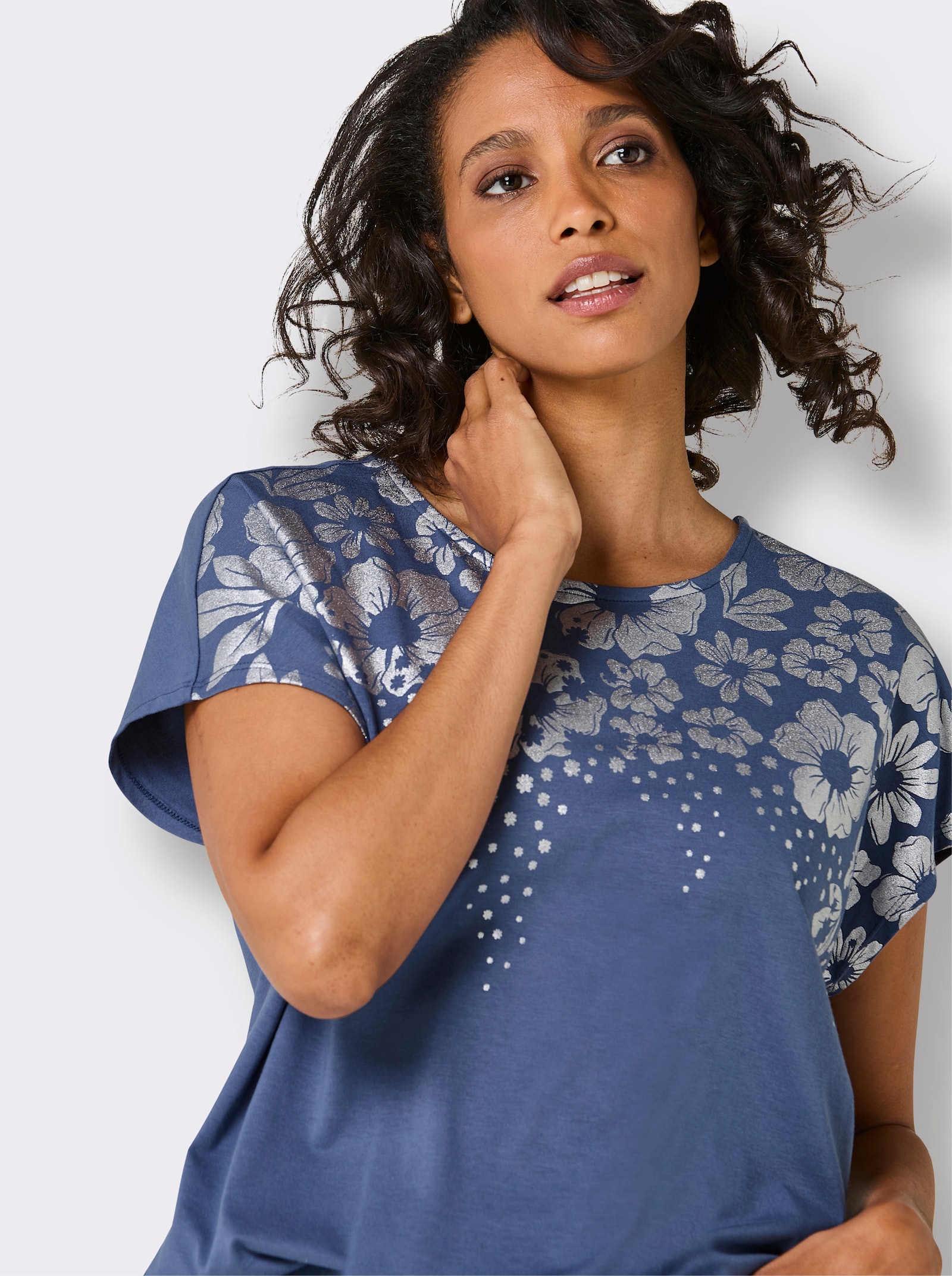 CREATION L PREMIUM Kurzarmshirt mit Foliendruck - rauchblau-bedruckt