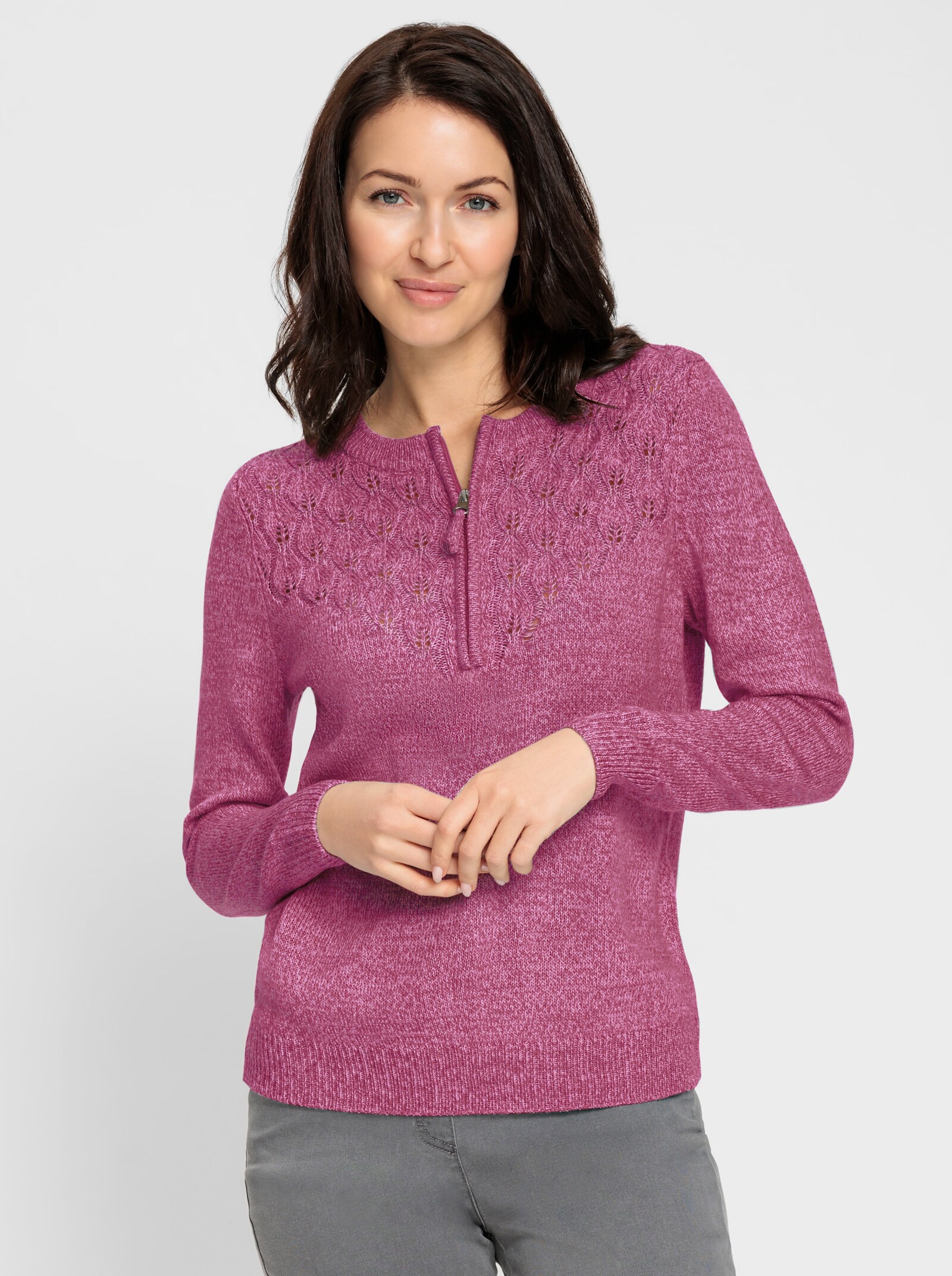 Rundhalspullover mit kurzem Reißverschluss - fuchsia-meliert