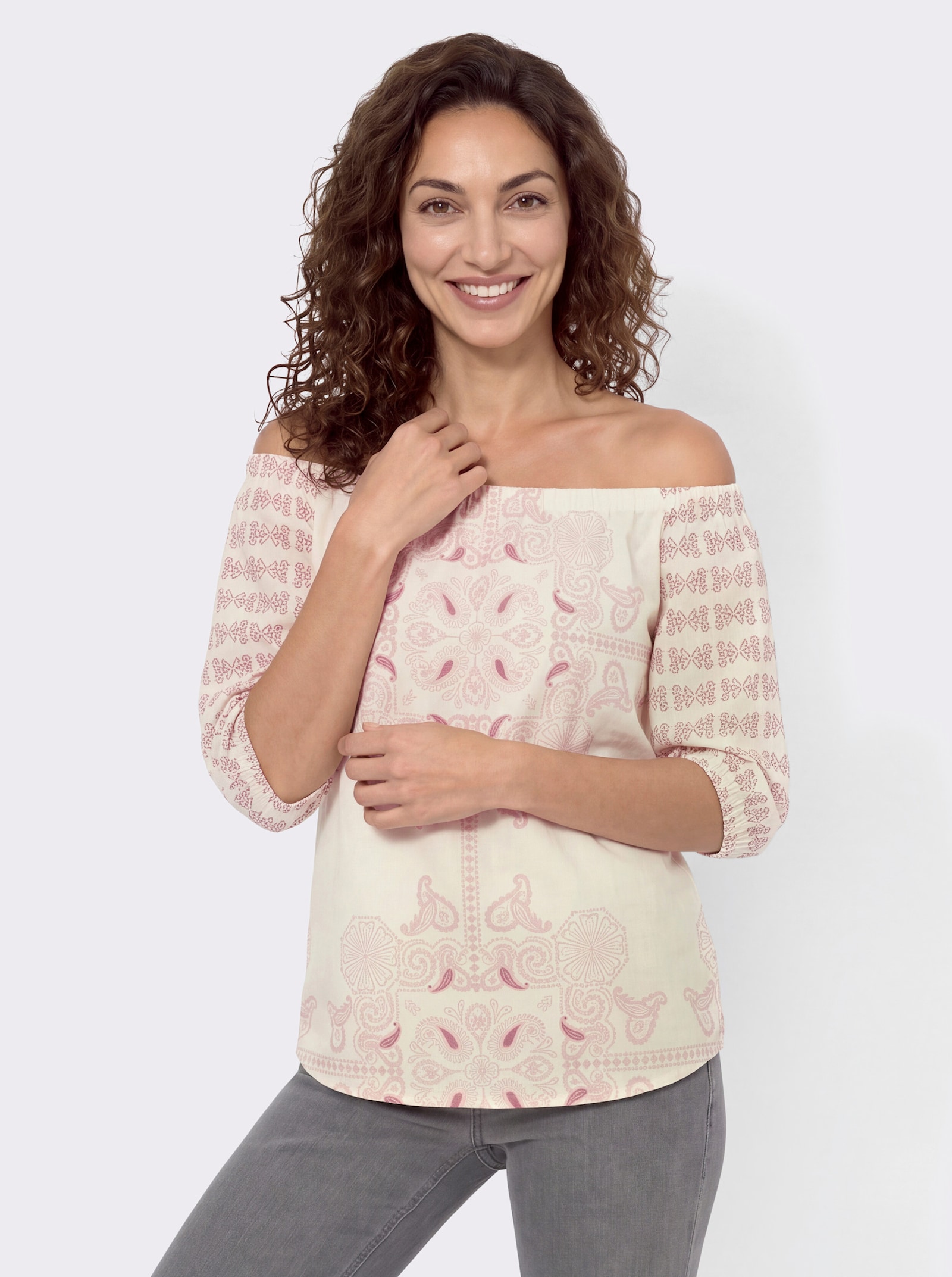 Print-Shirt mit Carmen-Ausschnitt - rosenholz-champagner-bedruckt