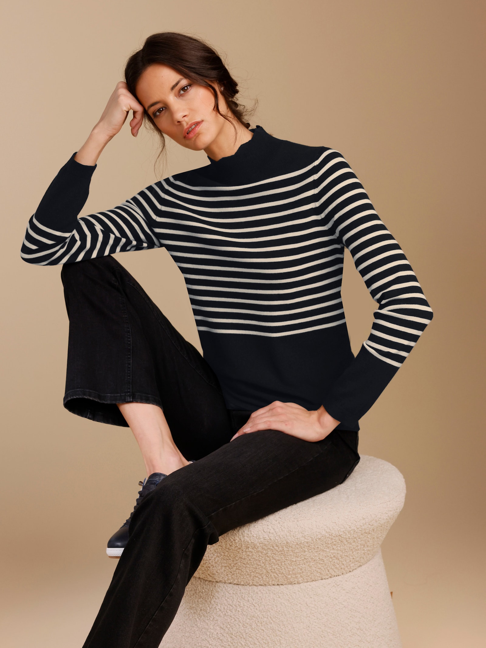 CREATION L PREMIUM Feinstrickpullover mit Wellenkante - schwarz-elfenbein-geringelt