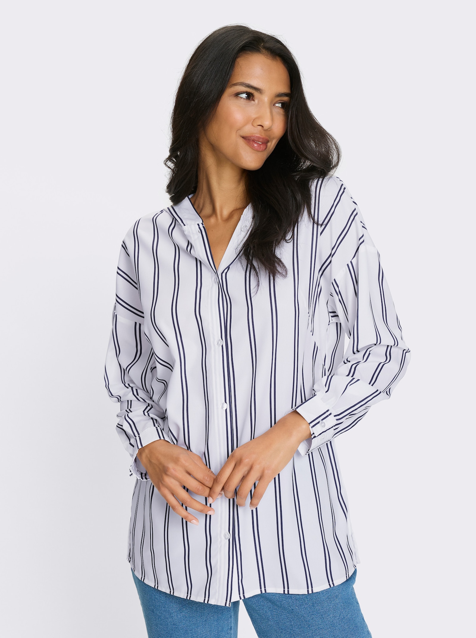 Lange blouse met capuchon - marine/wit gestreept