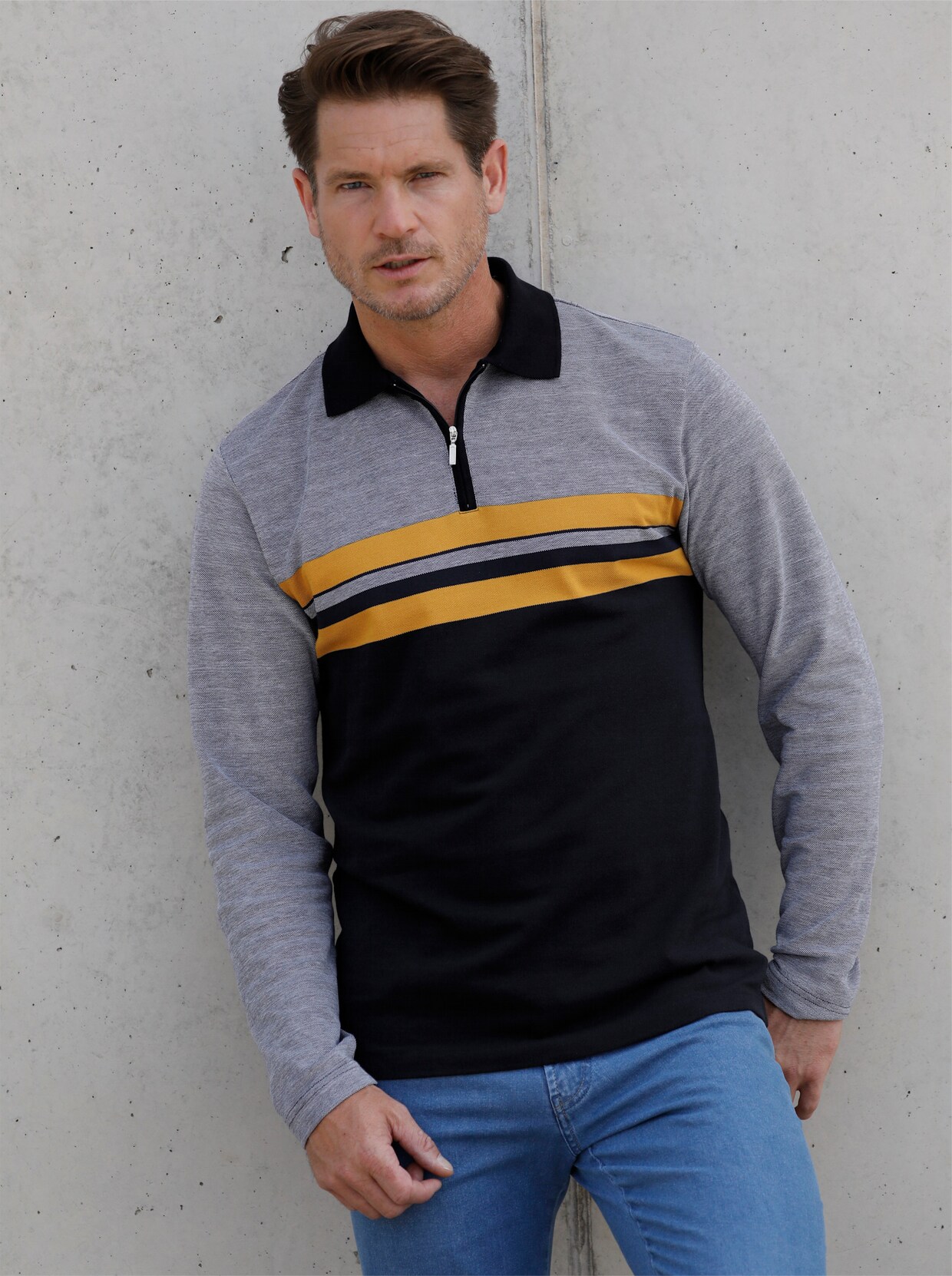 Marco Donati Langarm-Poloshirt - marine-ocker