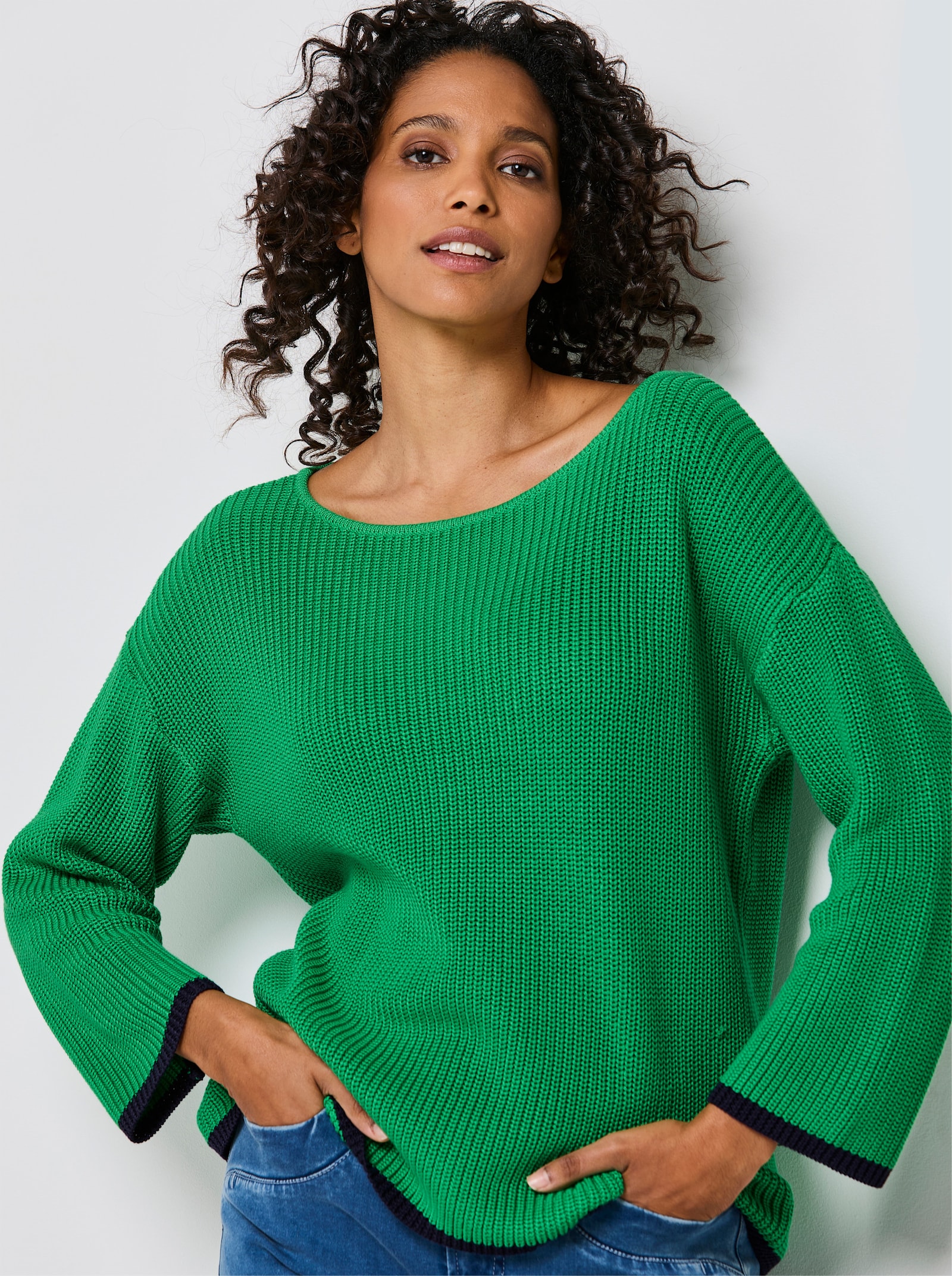 CREATION L PREMIUM 3/4 Arm-Pullover mit Kontrastkanten - grasgrün
