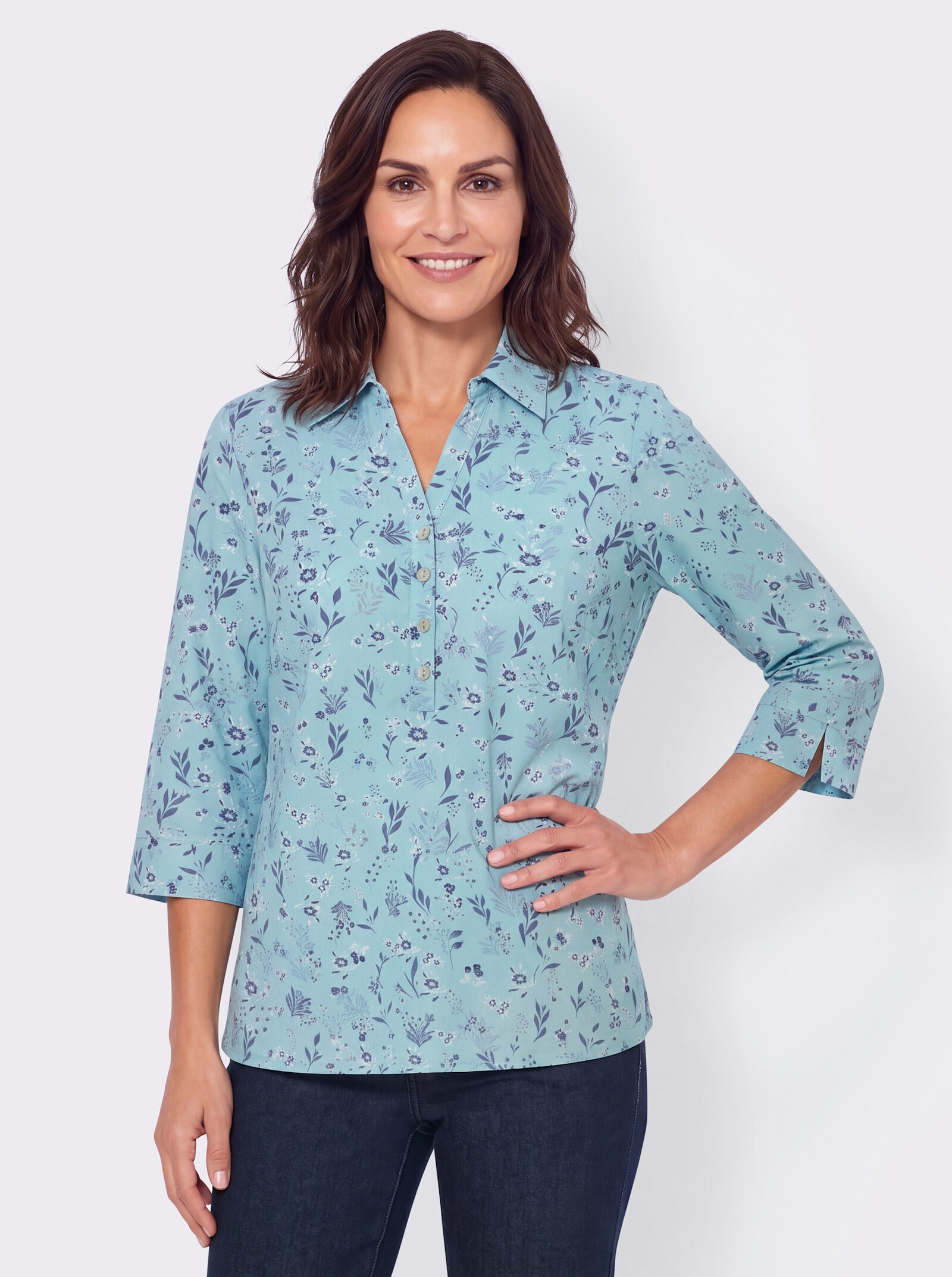 Druckbluse in Schlupfform - mint-jeansblau-bedruckt