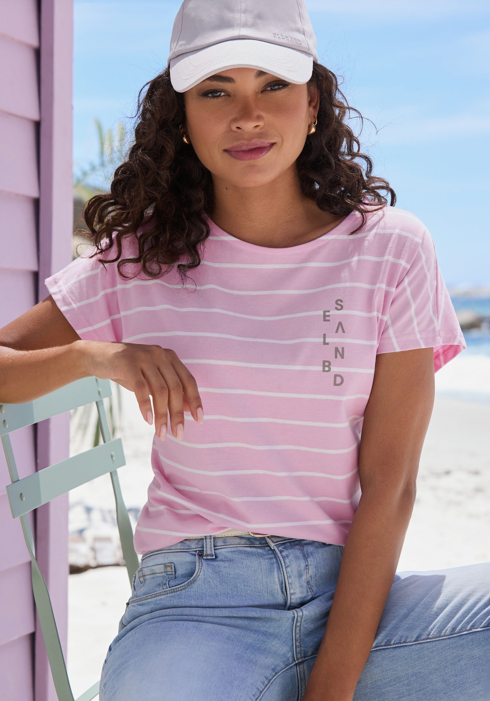 Elbsand Kurzarmshirt - rosé-weiss gestreift