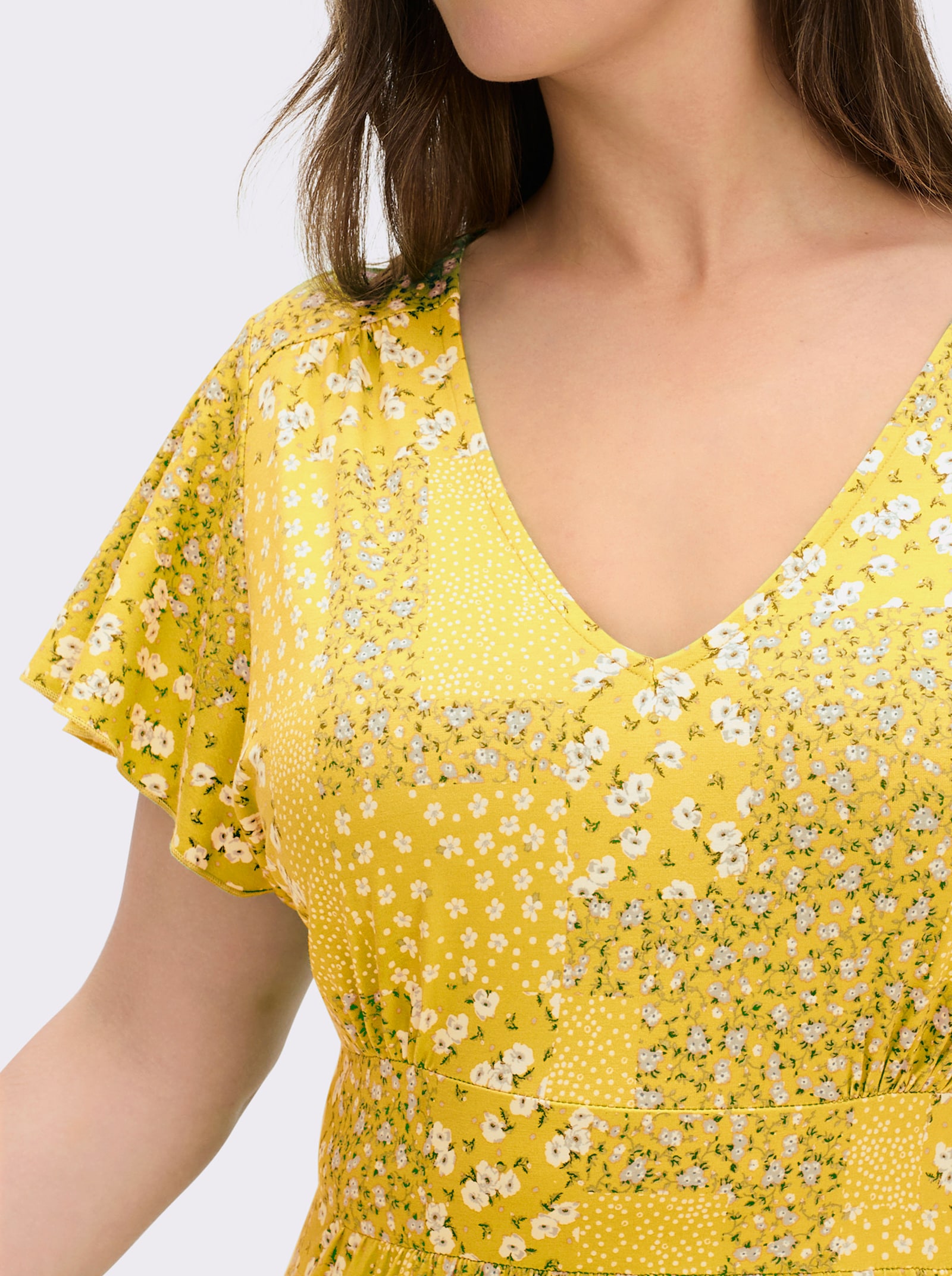 Jerseykleid mit Flügel-Ärmeln - sonnengelb-champagner-bedruckt