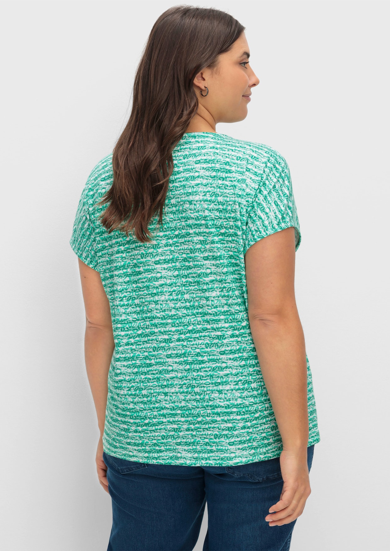 Rundhalsshirt mit weicher Baumwolle - grün-ecru-geringelt