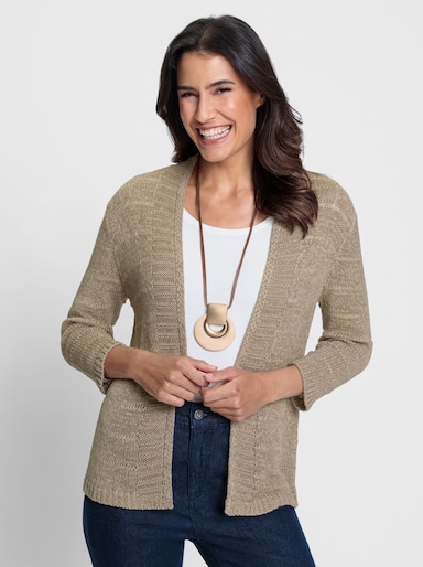 Strickjacke im Ajour-Mix mit Bändchengarn - sesam