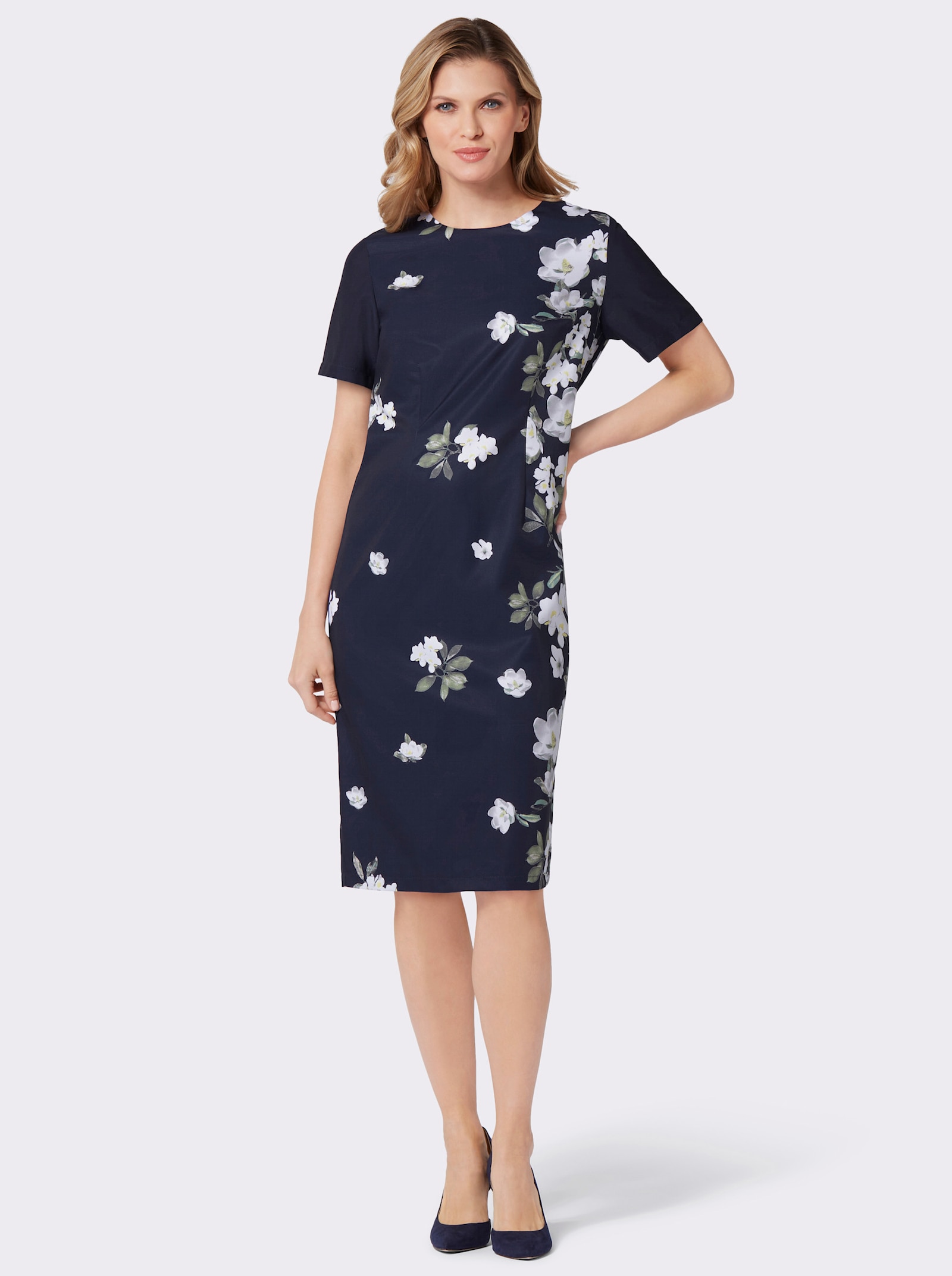 Druckkleid mit verdecktem Reißverschluss - marine-ecru-bedruckt