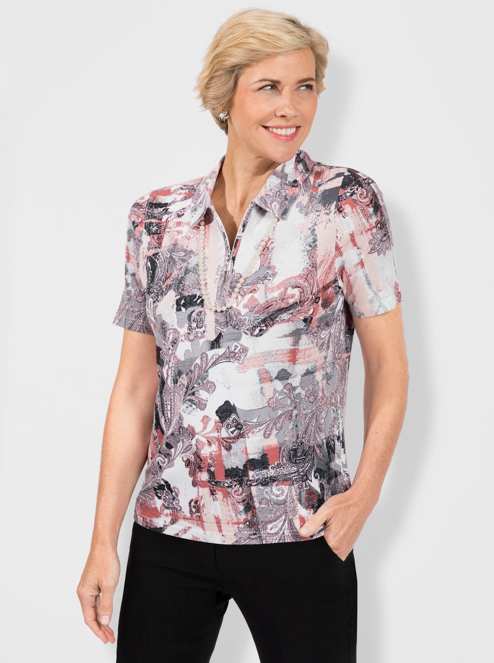 Poloshirt met print rondom - poeder/steengrijs gedessineerd
