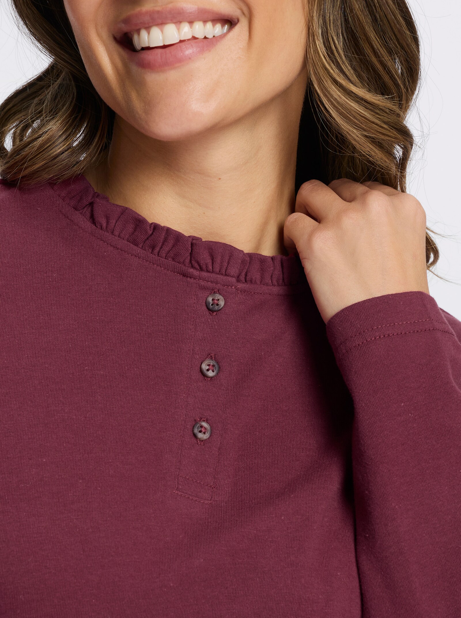 Langarmshirt mit gerüschtem Stehkragen - bordeaux