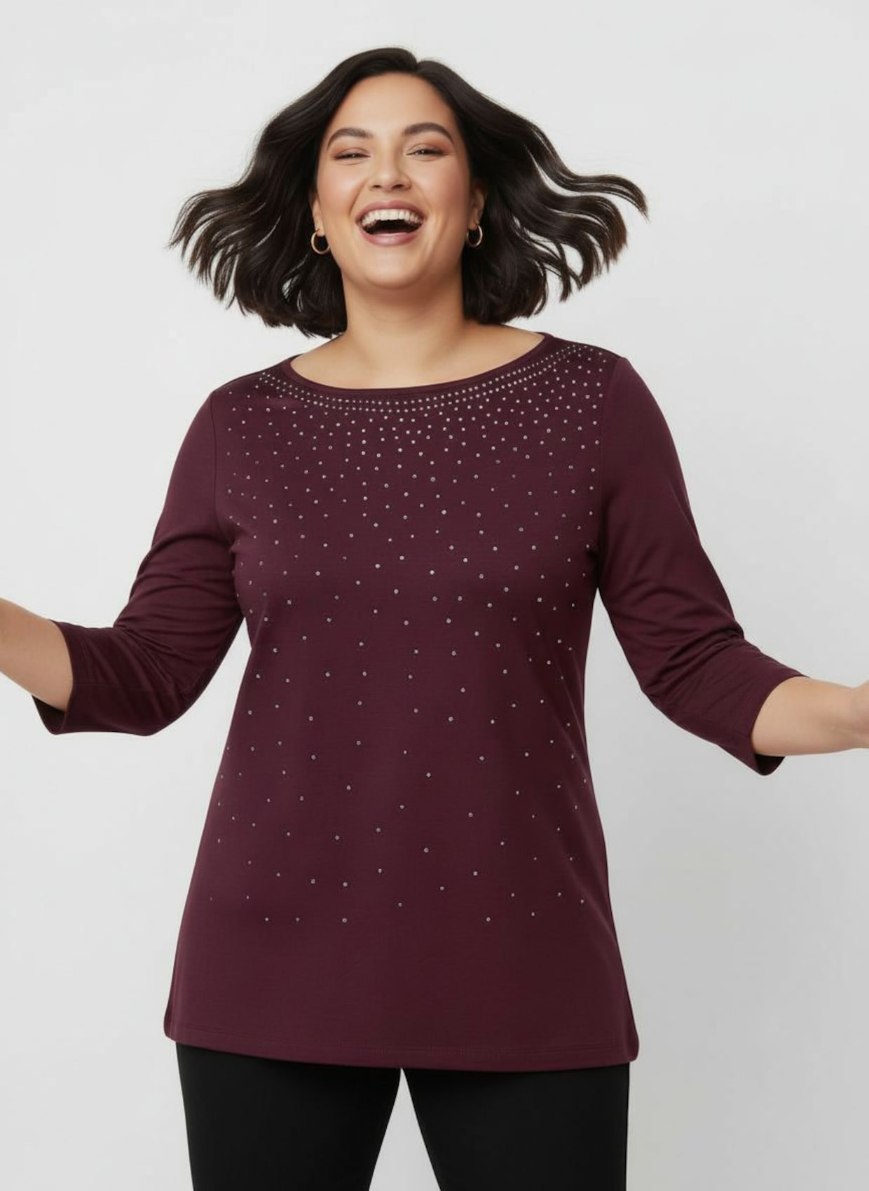 3/4-Arm-Shirt mit Glitzersteinchen - burgund