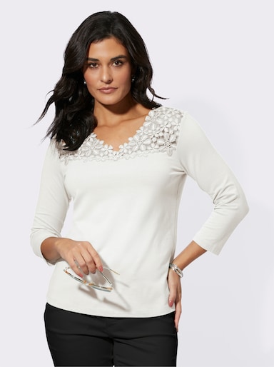 V-Shirt mit Blütenspitze - ecru