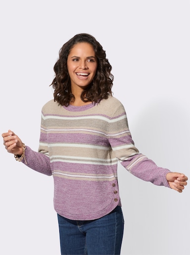 Langarm-Pullover mit Zierknöpfen - violett-sesam-geringelt