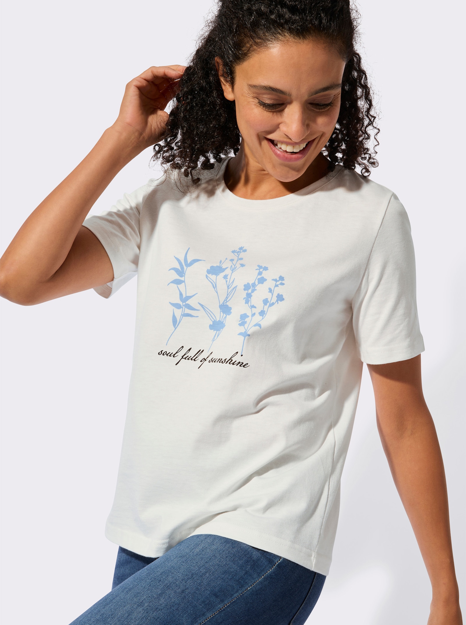 Kurzarmshirt mit floralem Motiv - ecru-himmelblau-bedruckt