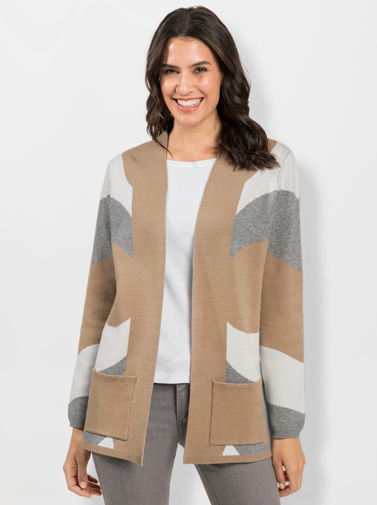 Jacquardstrickjacke - camel-steingrau-gemustert