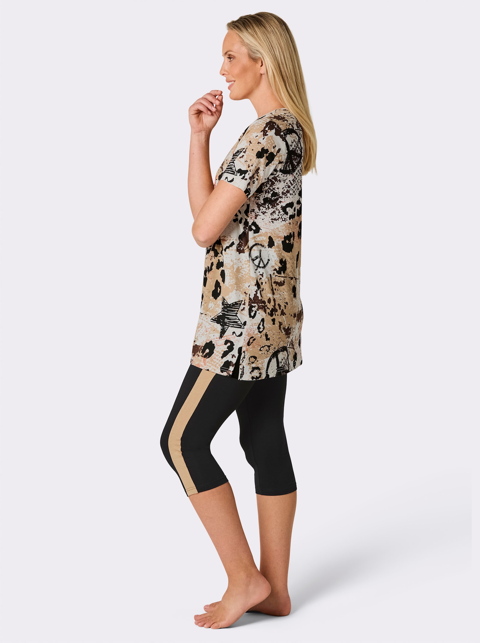 wäschepur Capri-Schlafanzug mit Glanz-Details - camel-schwarz-bedruckt