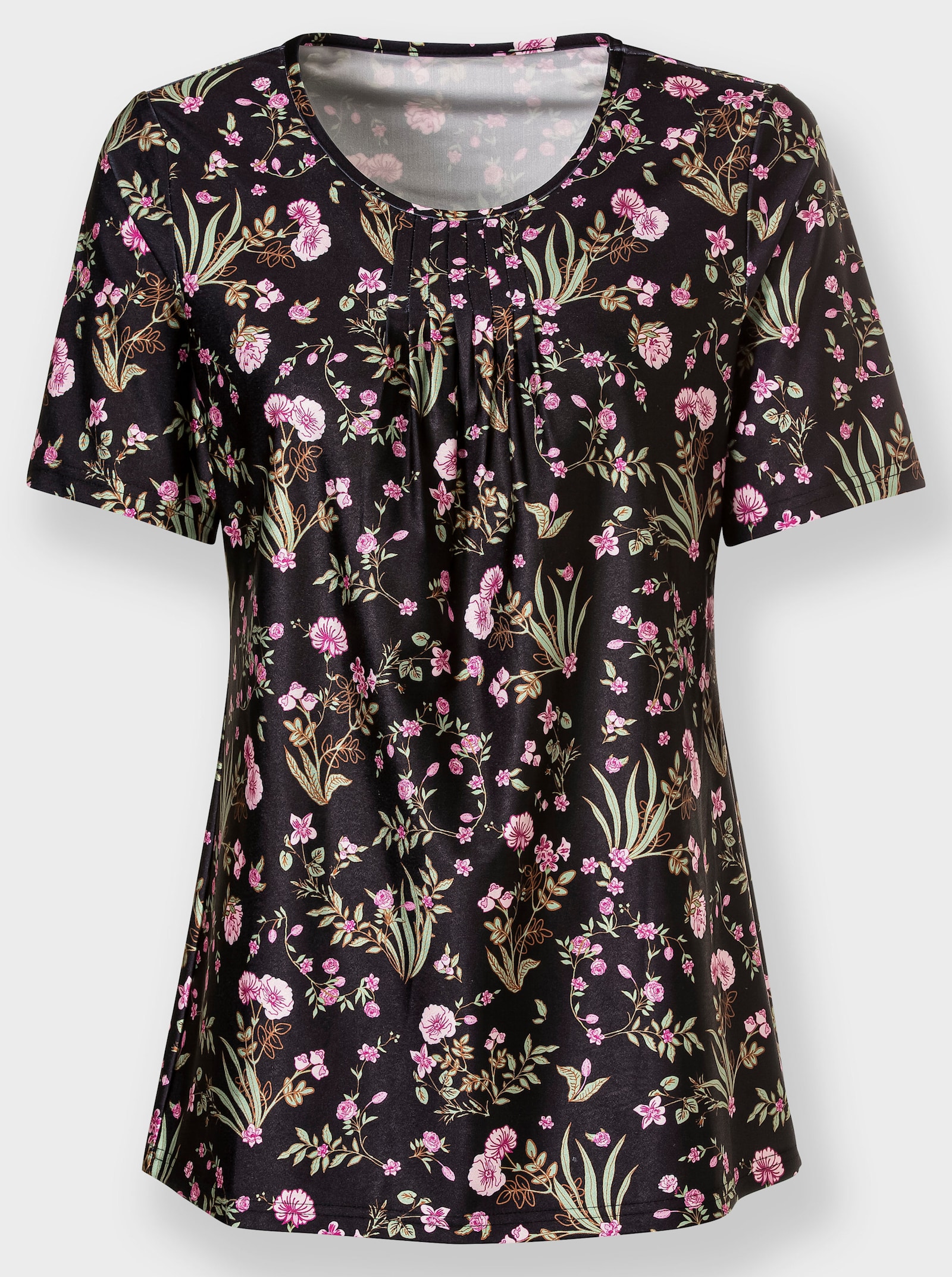 Tunikashirt in Longform - schwarz-rosé-bedruckt