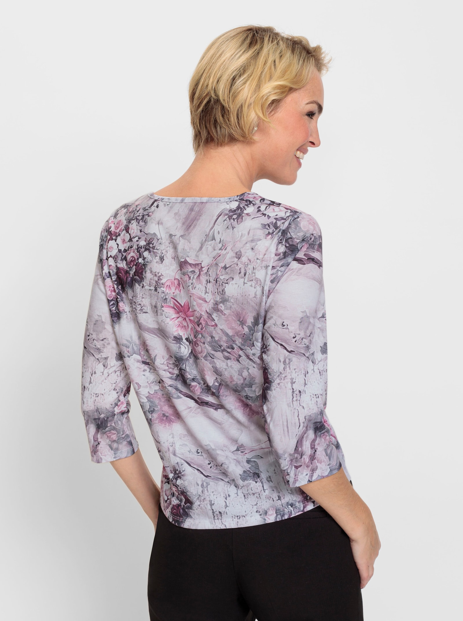 Rundhalsshirt im verwischten Blütenmuster - rosé-steingrau-bedruckt