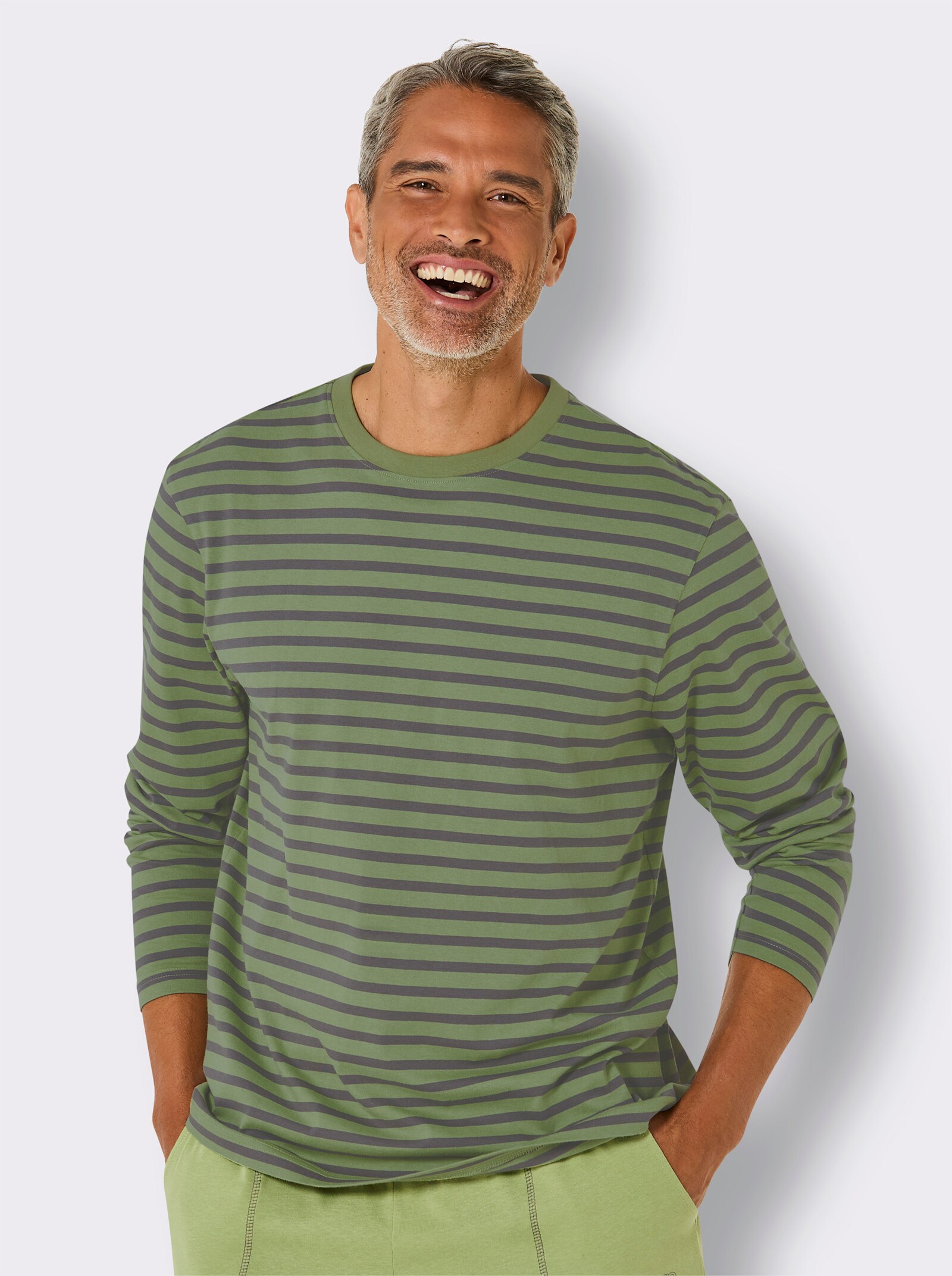 wäschepur men Schlafanzug-Shirt - eucalyptus-anthrazit-gestreift