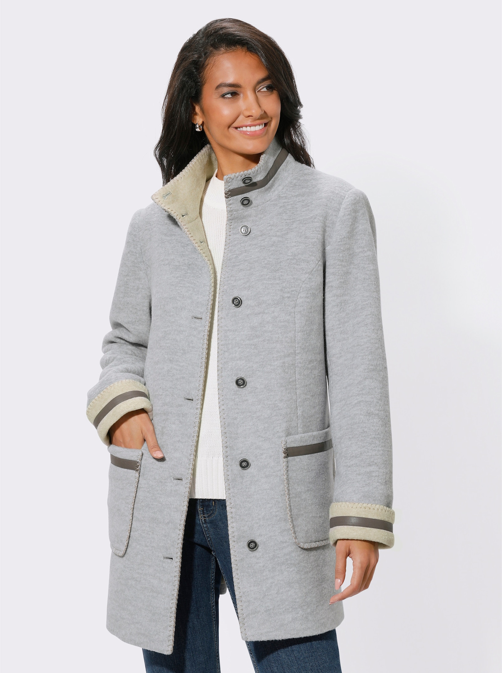 Longjacke mit Schulterpolstern - grau-beige-meliert