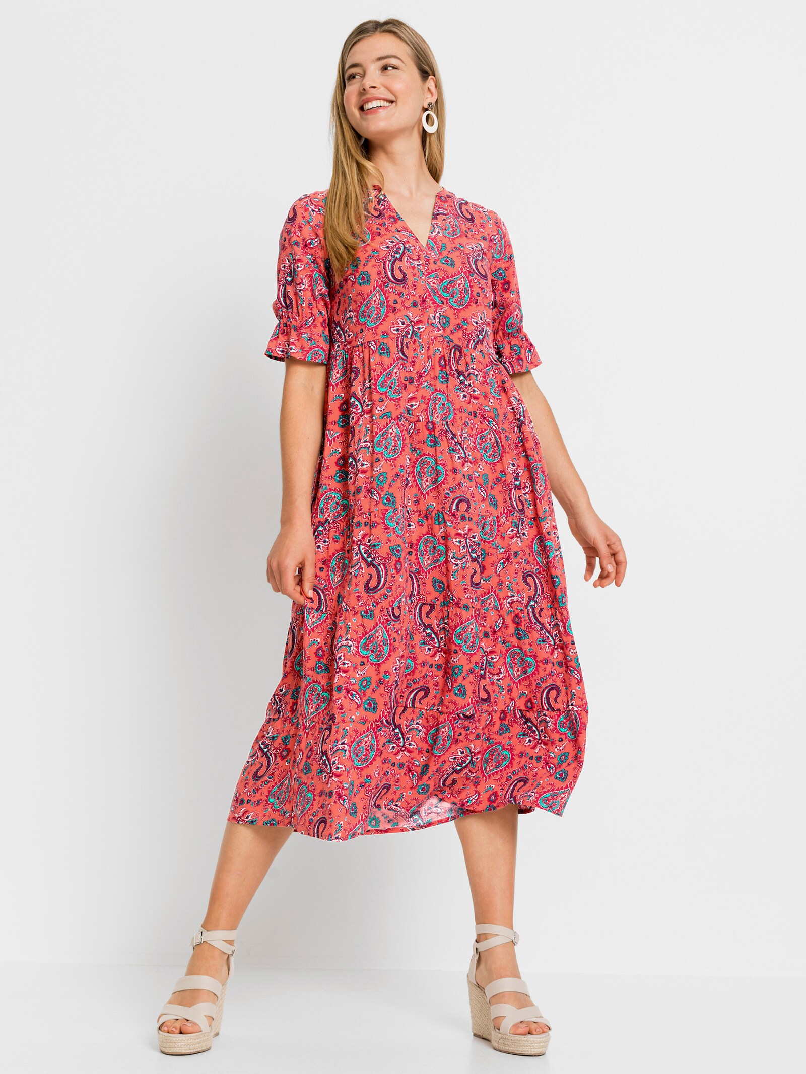 Druckkleid in A-Linie - koralle-aquamarin-bedruckt