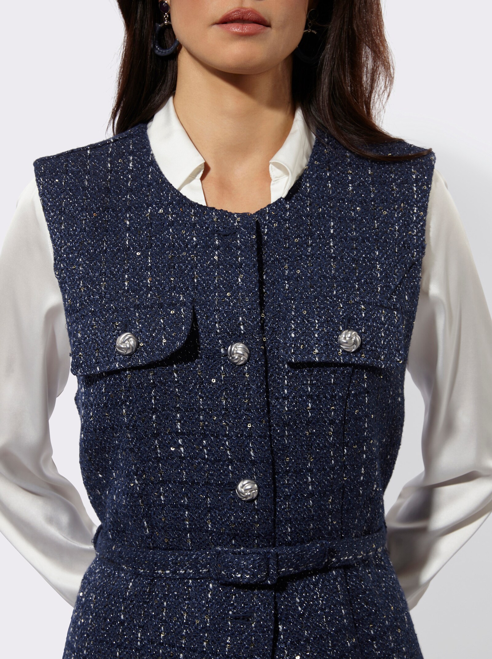 Longweste mit Stoffgürtel - dunkelblau-ecru-meliert