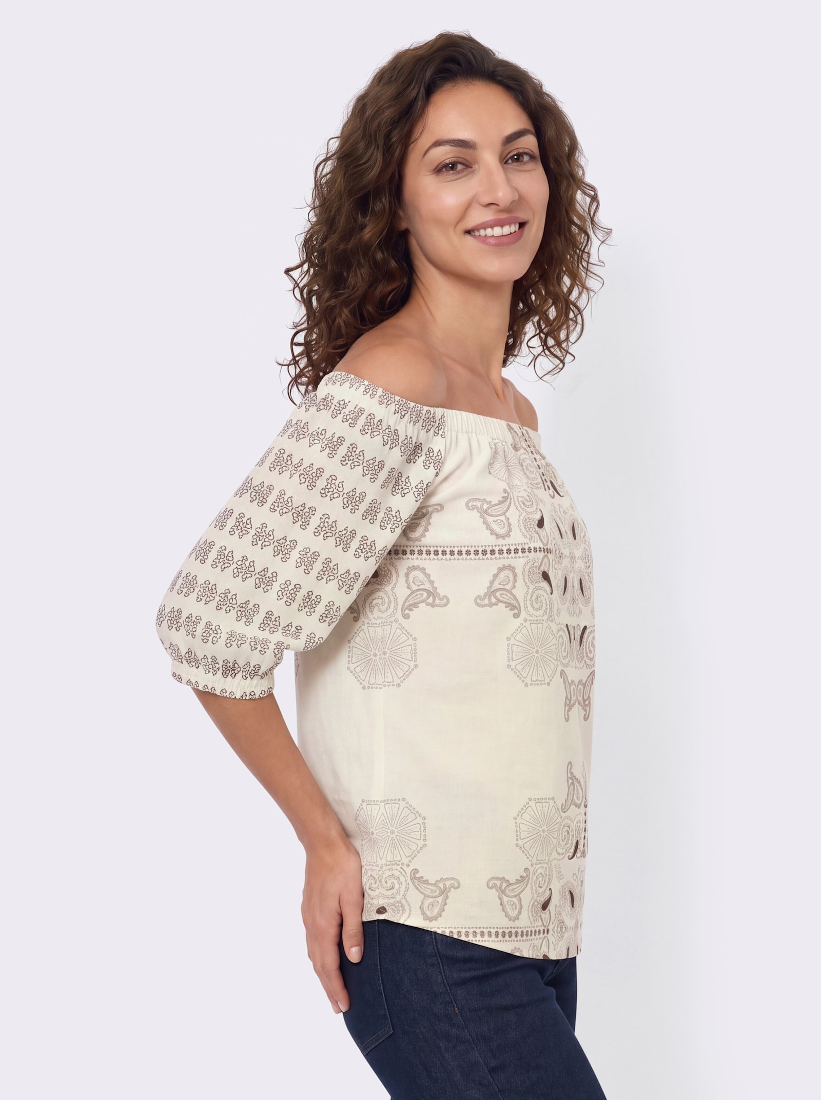Print-Shirt mit Carmen-Ausschnitt - schoko-champagner-bedruckt