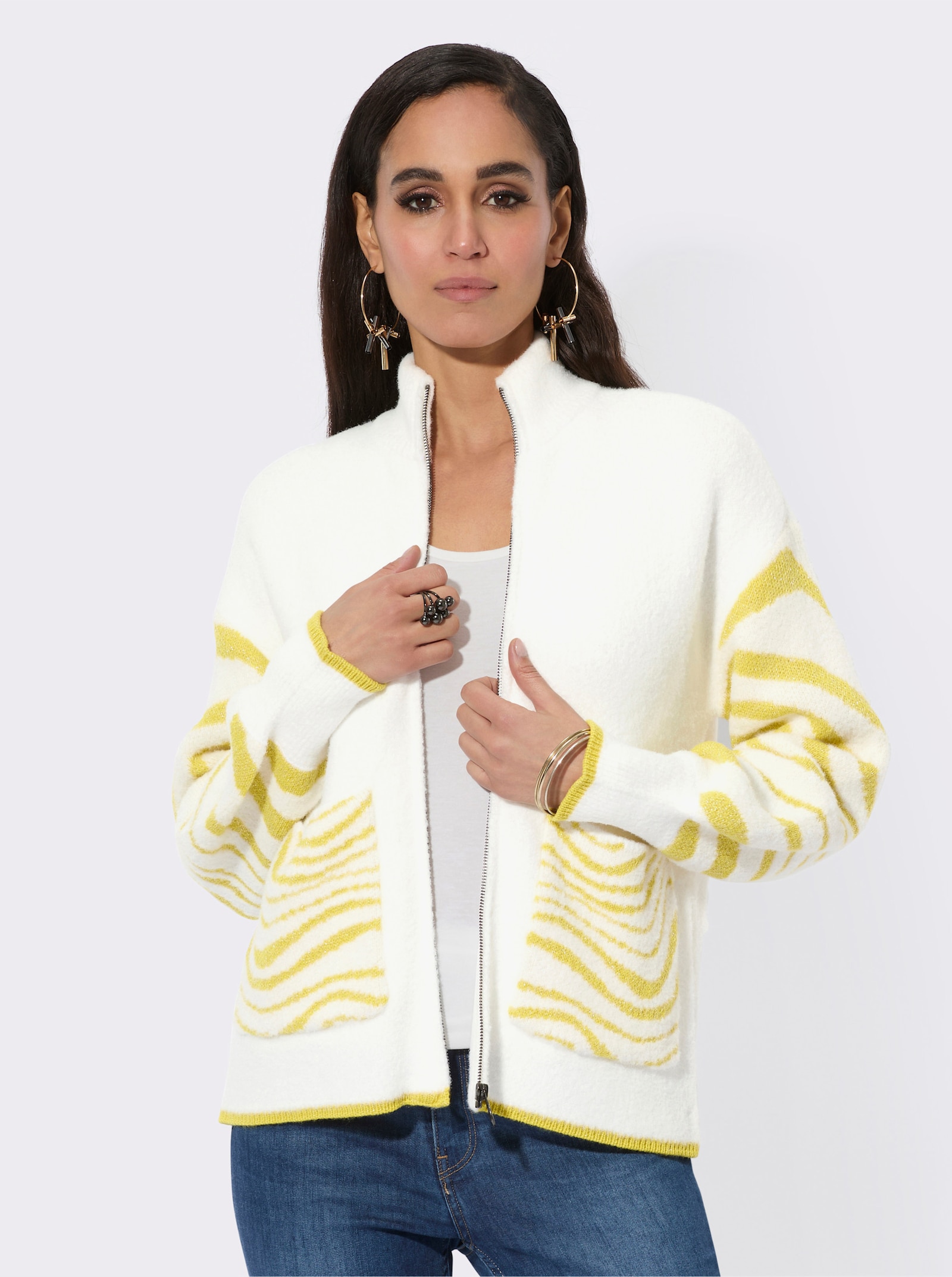 Jacquardstrickjacke in kurzer Form - ecru-limone-gemustert