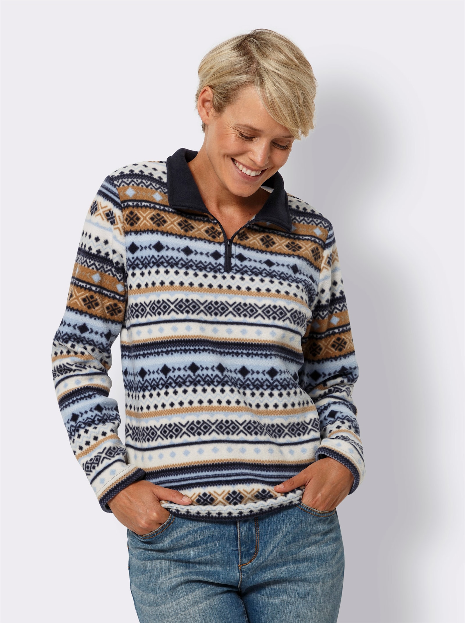 Fleeceshirt im Norweger-Stil - weiß-marine-bedruckt