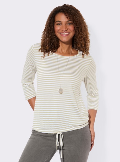 3/4-Arm-Shirt mit Kordel im Saum - sand-weiß-geringelt