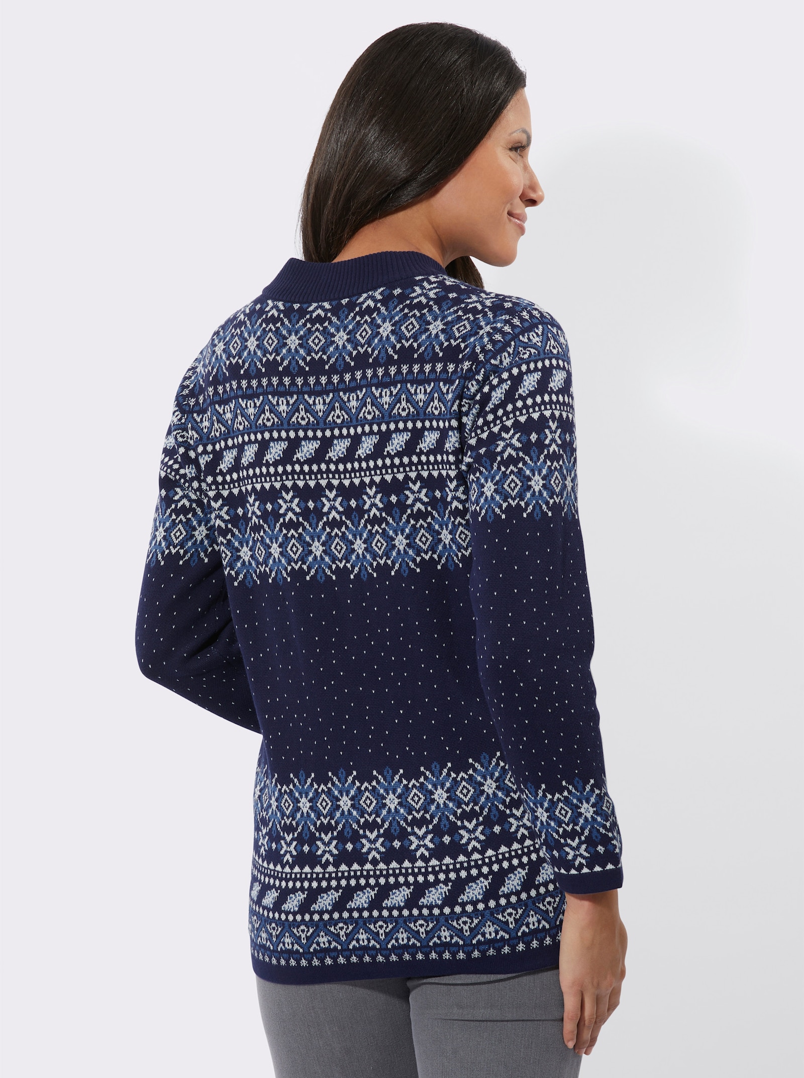 Jacquardstrickjacke im Norweger-Stil - marine-ecru-gemustert