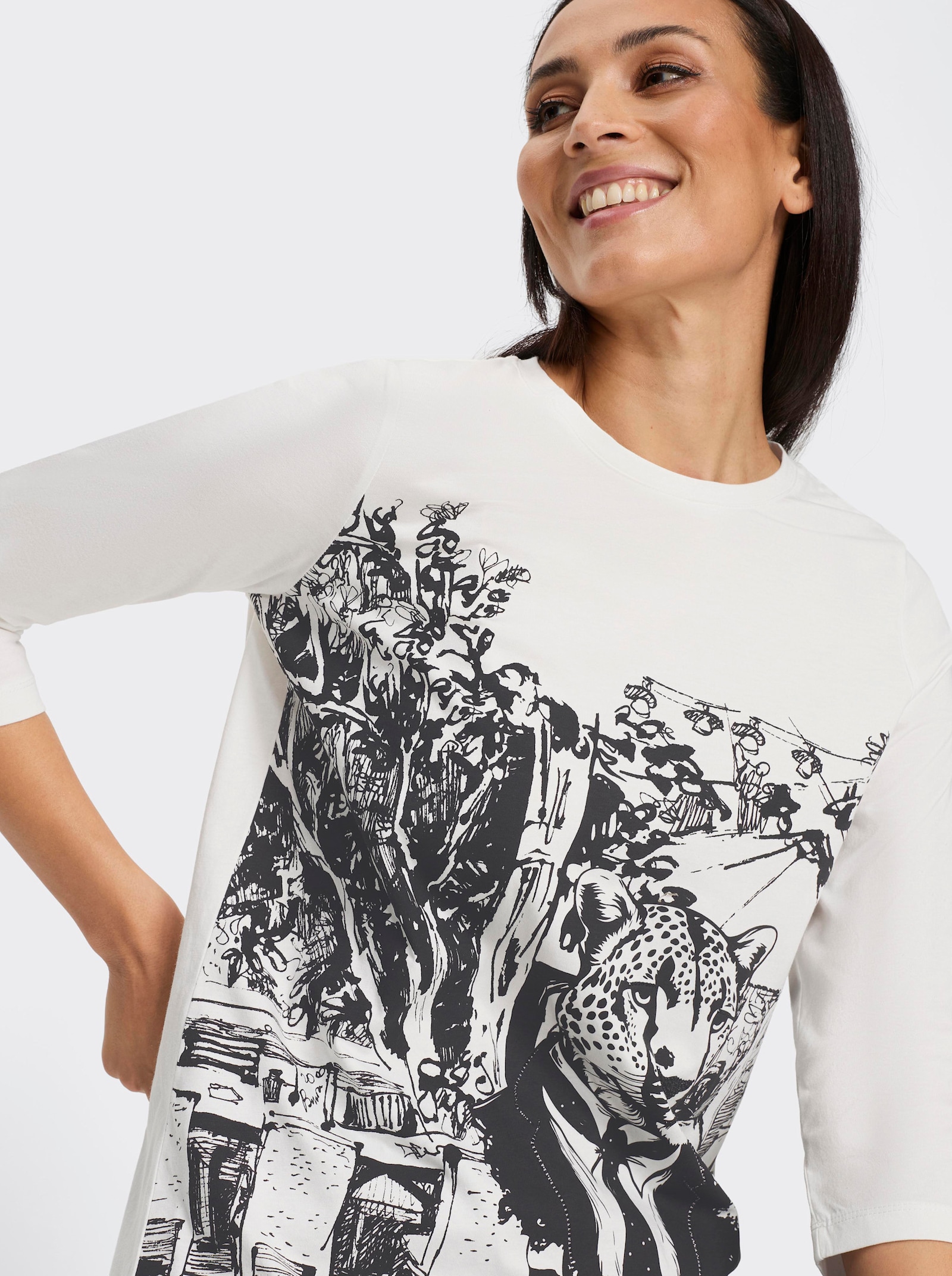 heine 3/4-Arm-Shirt mit Ziersteinen - ecru-schwarz-bedruckt