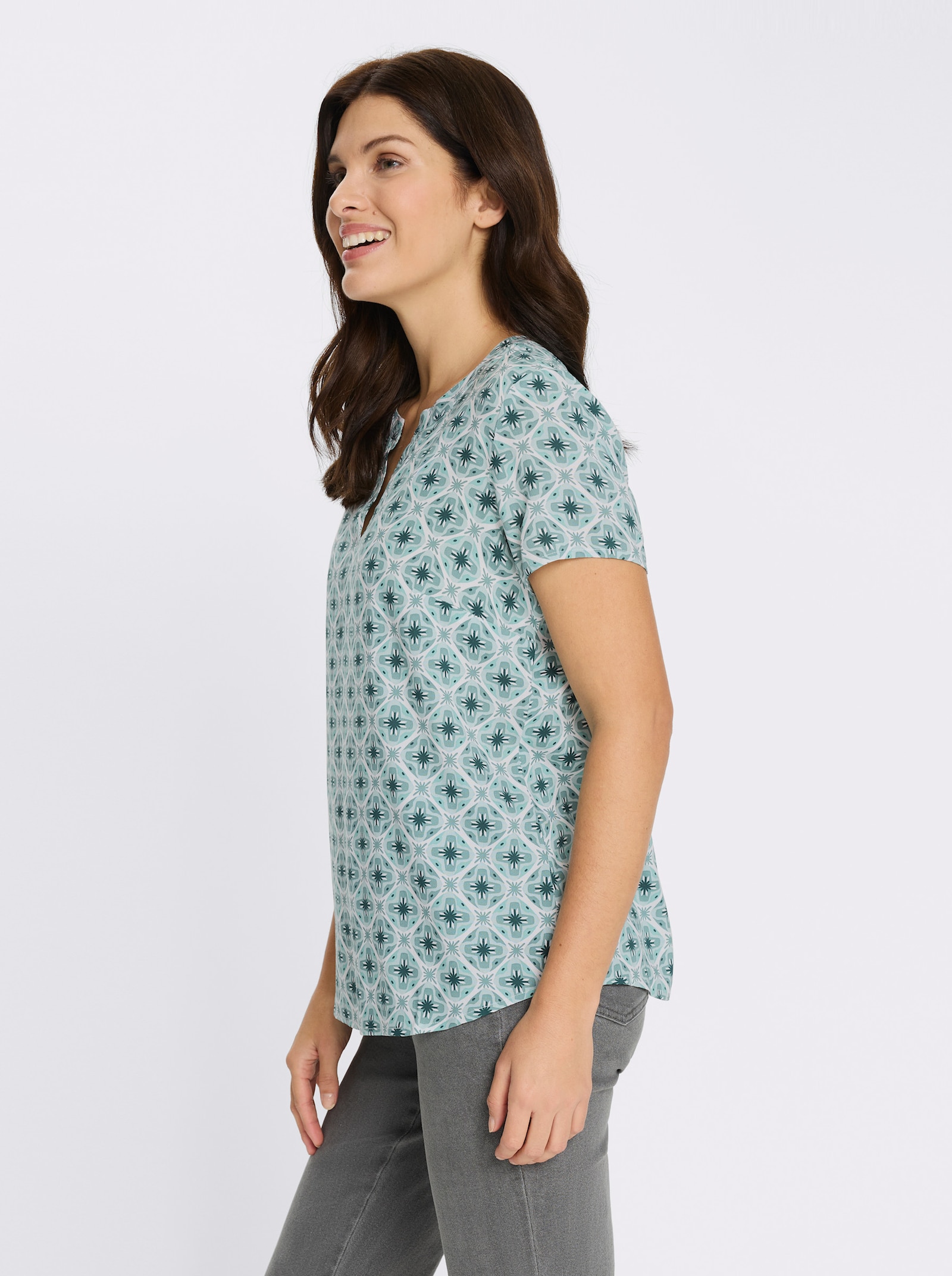 Schlupfbluse mit leicht abgerundetem Saum - jade-ecru-bedruckt