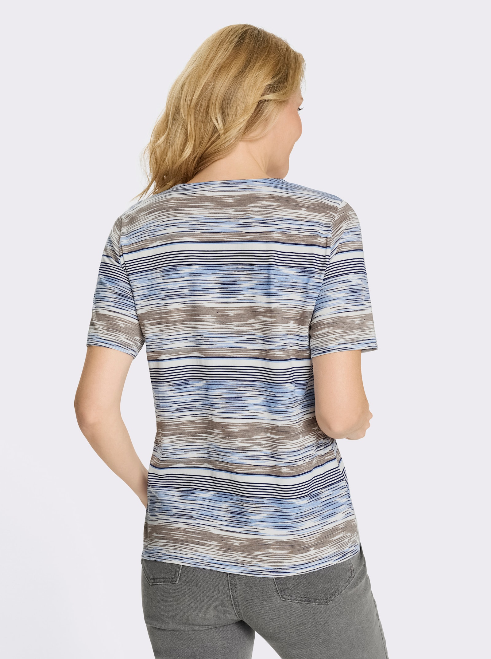 Kurzarmshirt mit Ringel-Druck rundum - hellblau-ecru-bedruckt