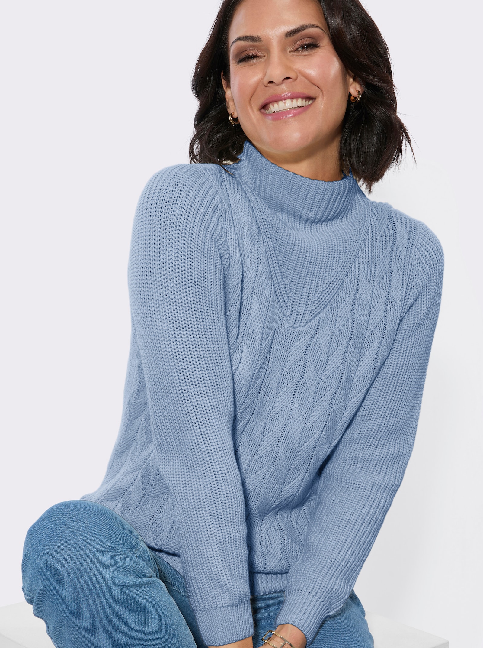 Langarm-Pullover mit Zopfmuster - bleu