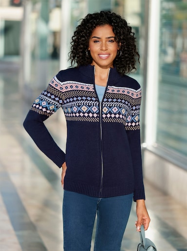 Jacquardstrickjacke mit durchgehendem Reißverschluss - marine/mauve gedessineerd