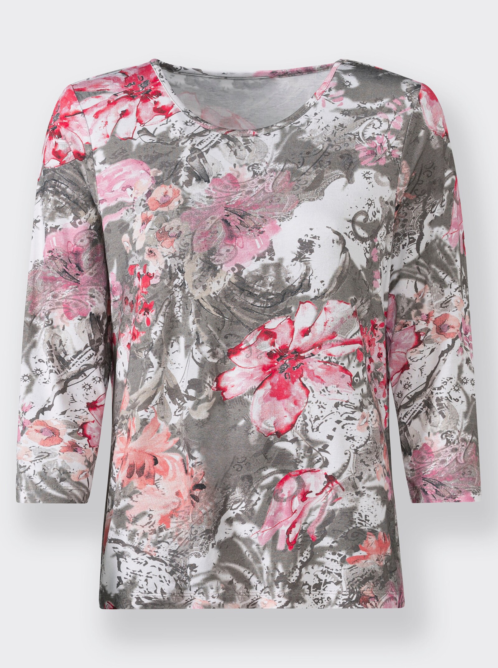 3/4-Arm-Shirt mit Rundhals-Ausschnitt - khaki-altrosa-bedruckt