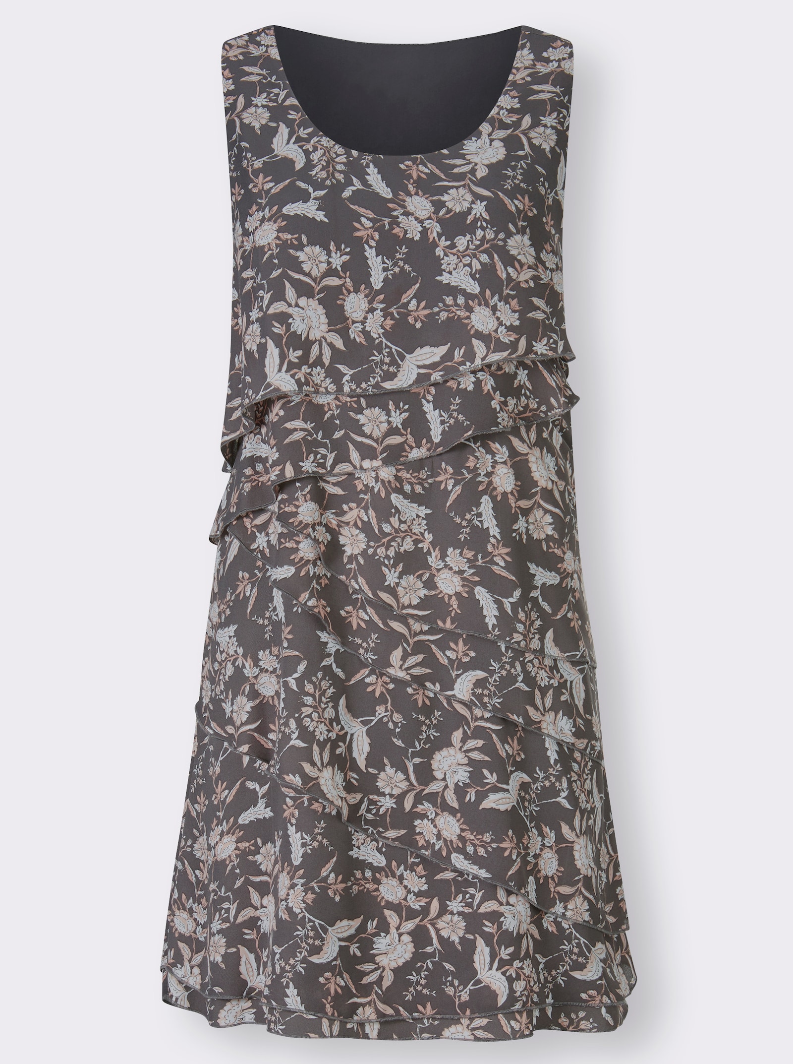 Druckkleid mit Lagen, geblümt - grau-bedruckt