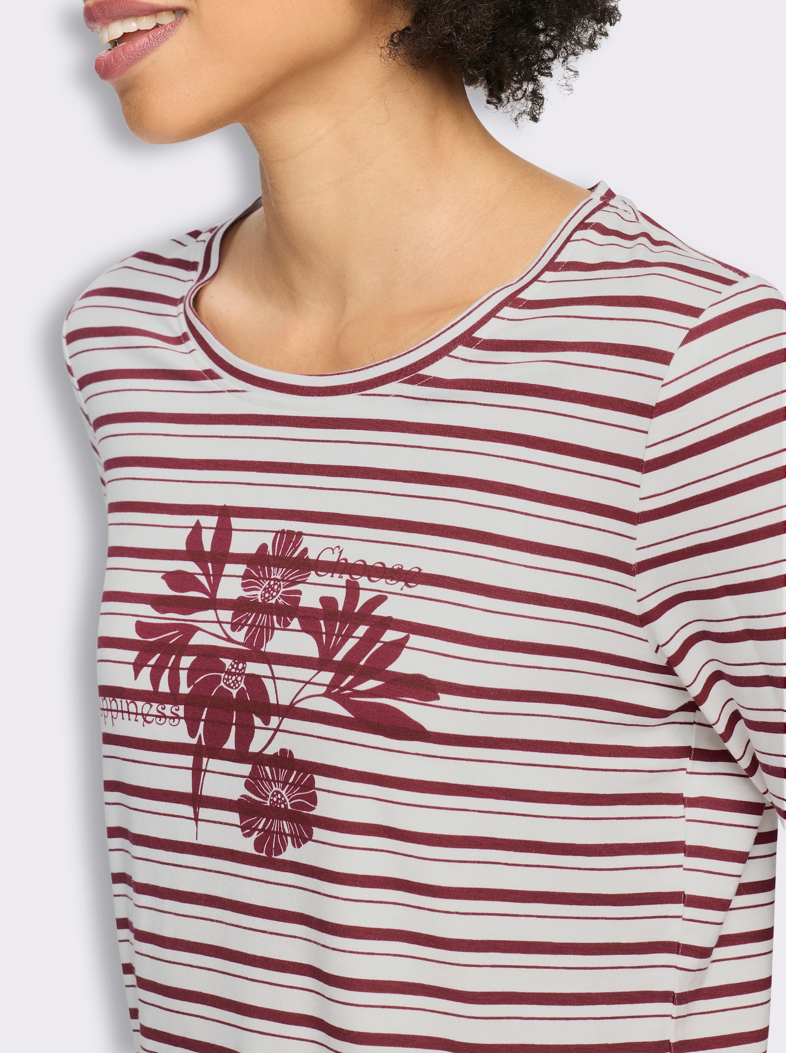 heine Langarmshirt mit Ringel- und Blüten-Print - bordeaux-ecru-geringelt