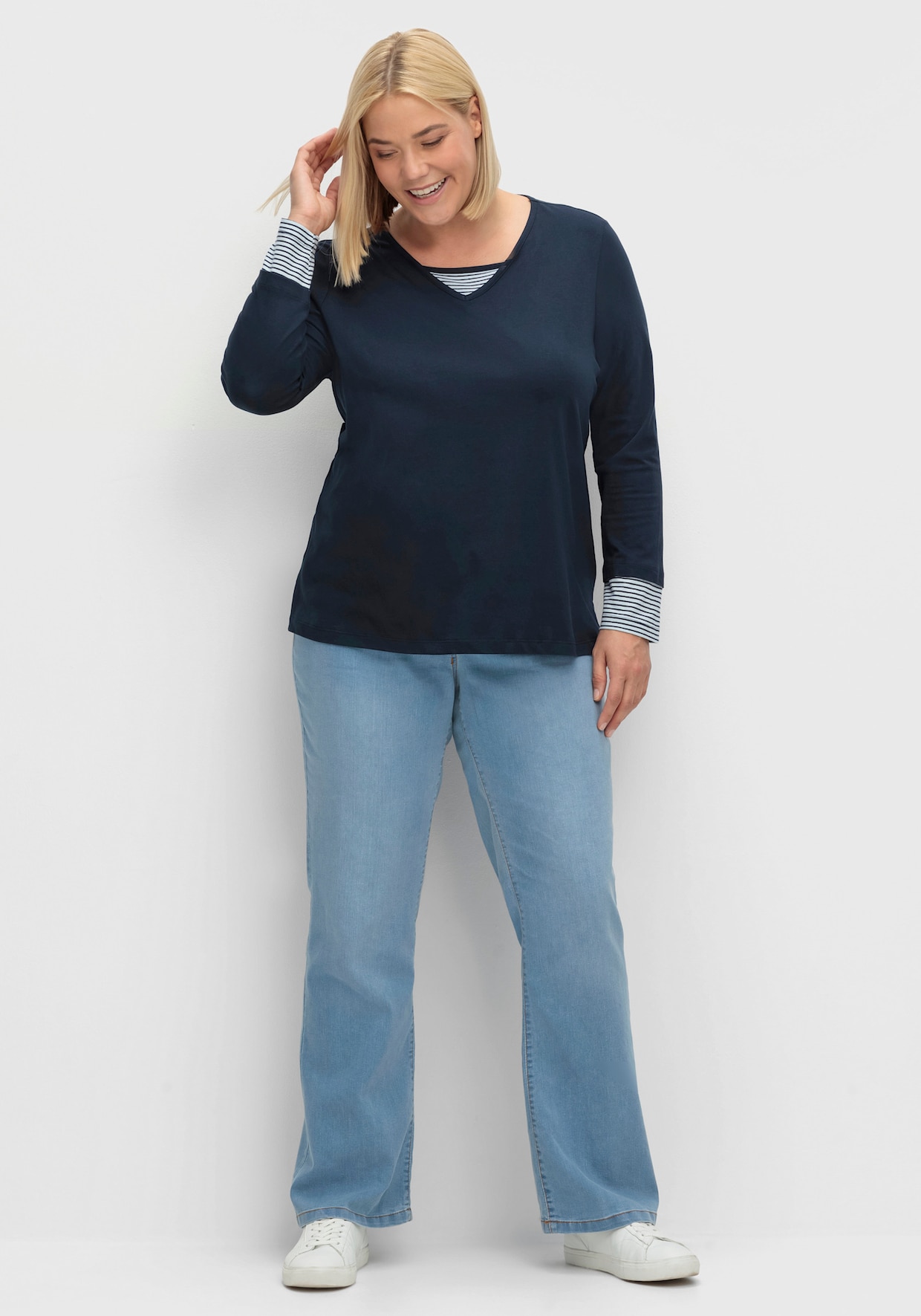 Langarmshirt mit garngefärbten Streifen - marine