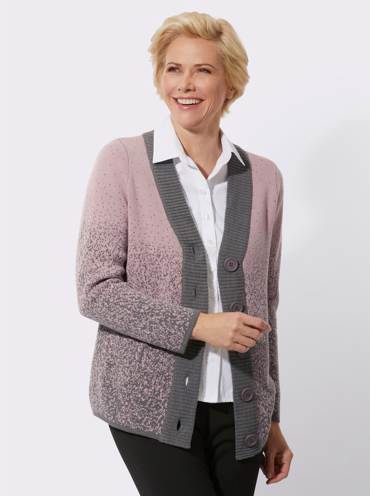 Strickjacke - mauve-anthrazit-gemustert