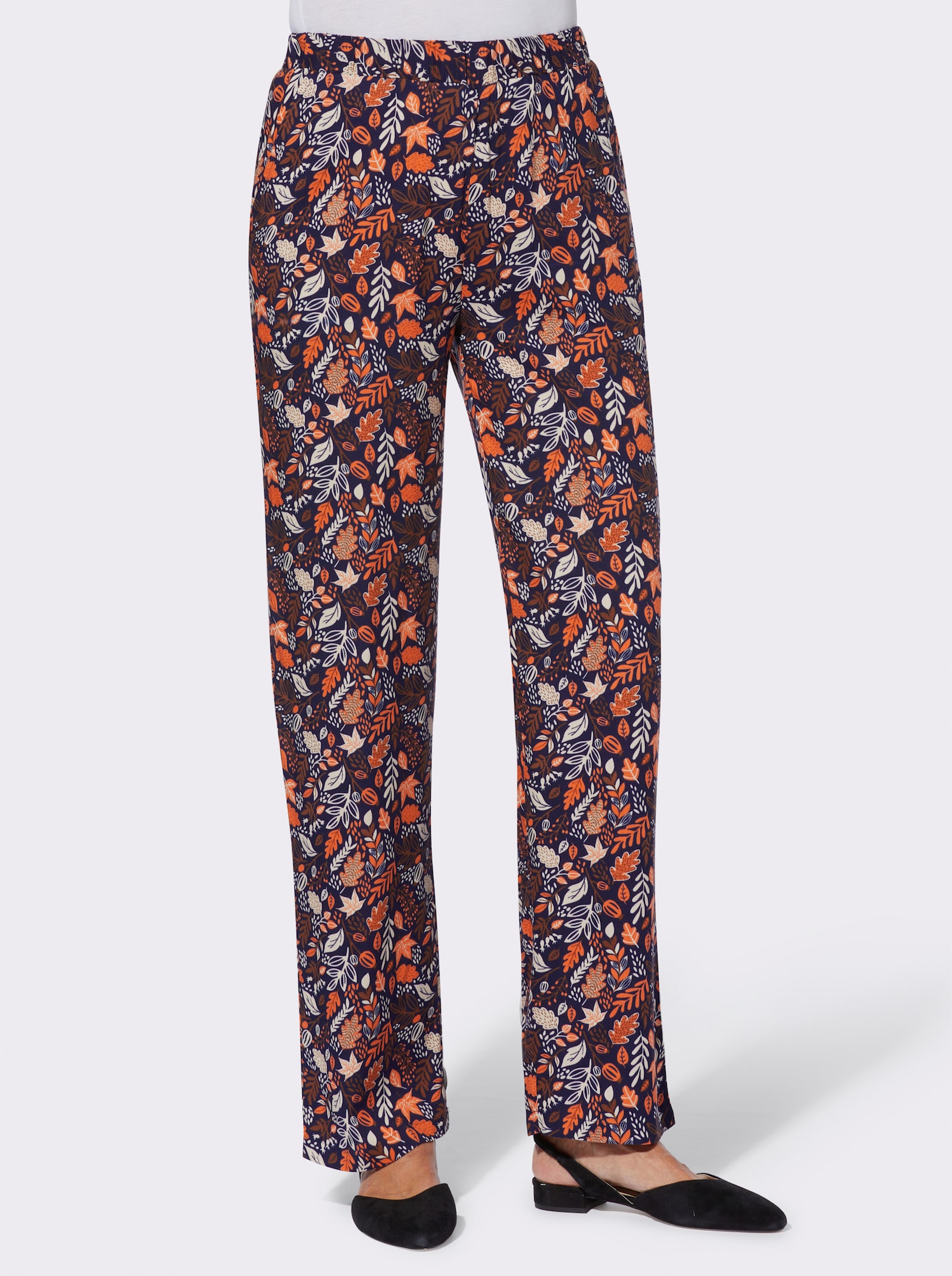 Schlupfhose mit Blätter-Druck - marine-papaya-bedruckt