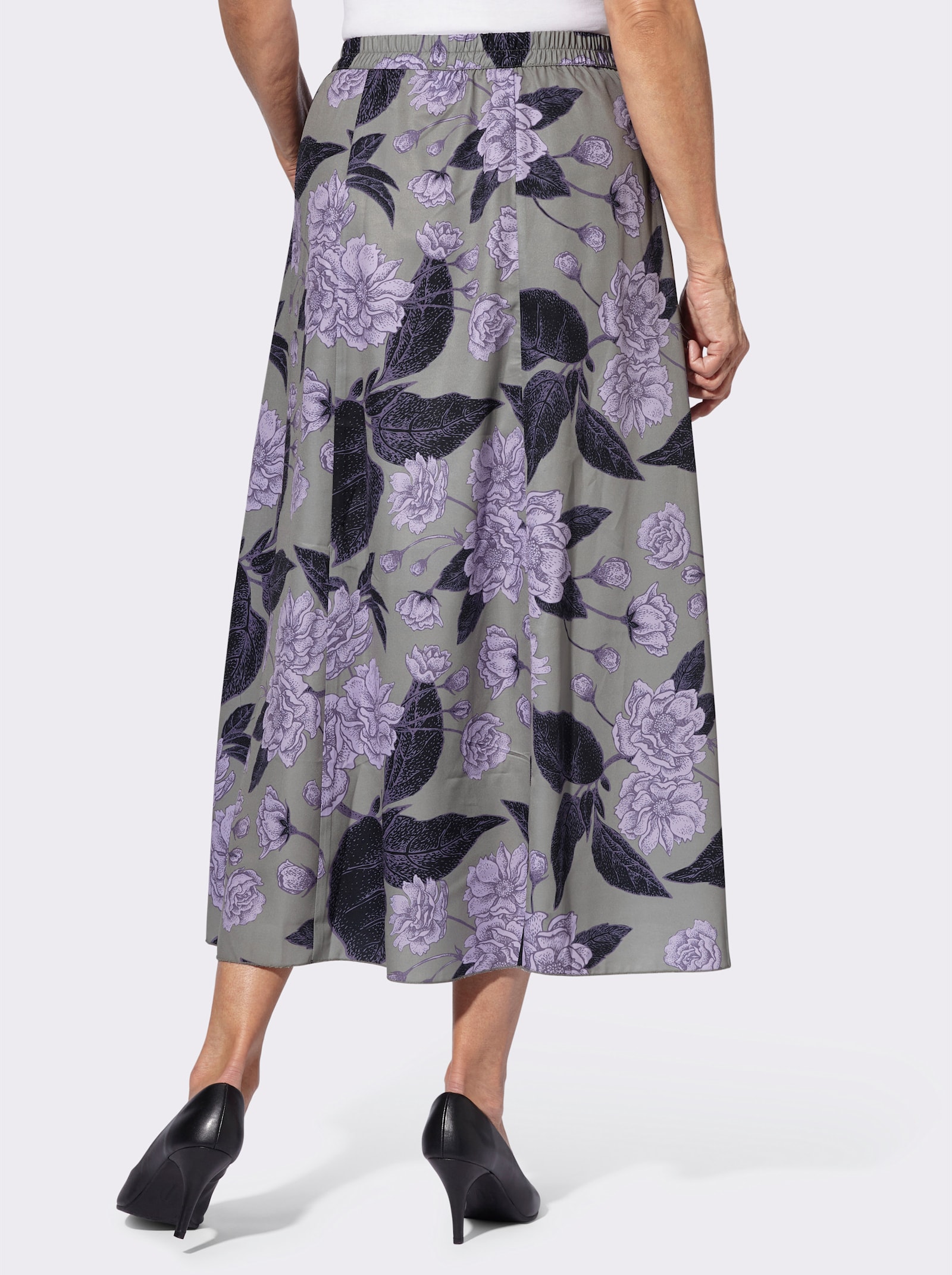 Bahnenrock mit Blüten- und Blätterdruck - grau-lavendel-bedruckt